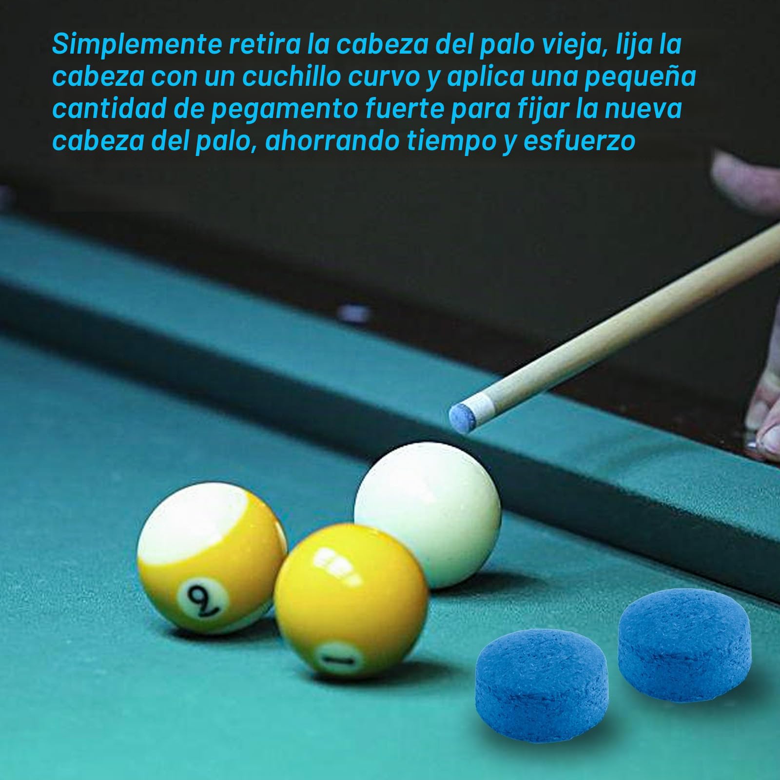 50 puntas de repuesto para taco de billar, 10 mm, de piel, puntas de repuesto para billar, accesorios para taco de billar (azul, con 2 recortadoras)