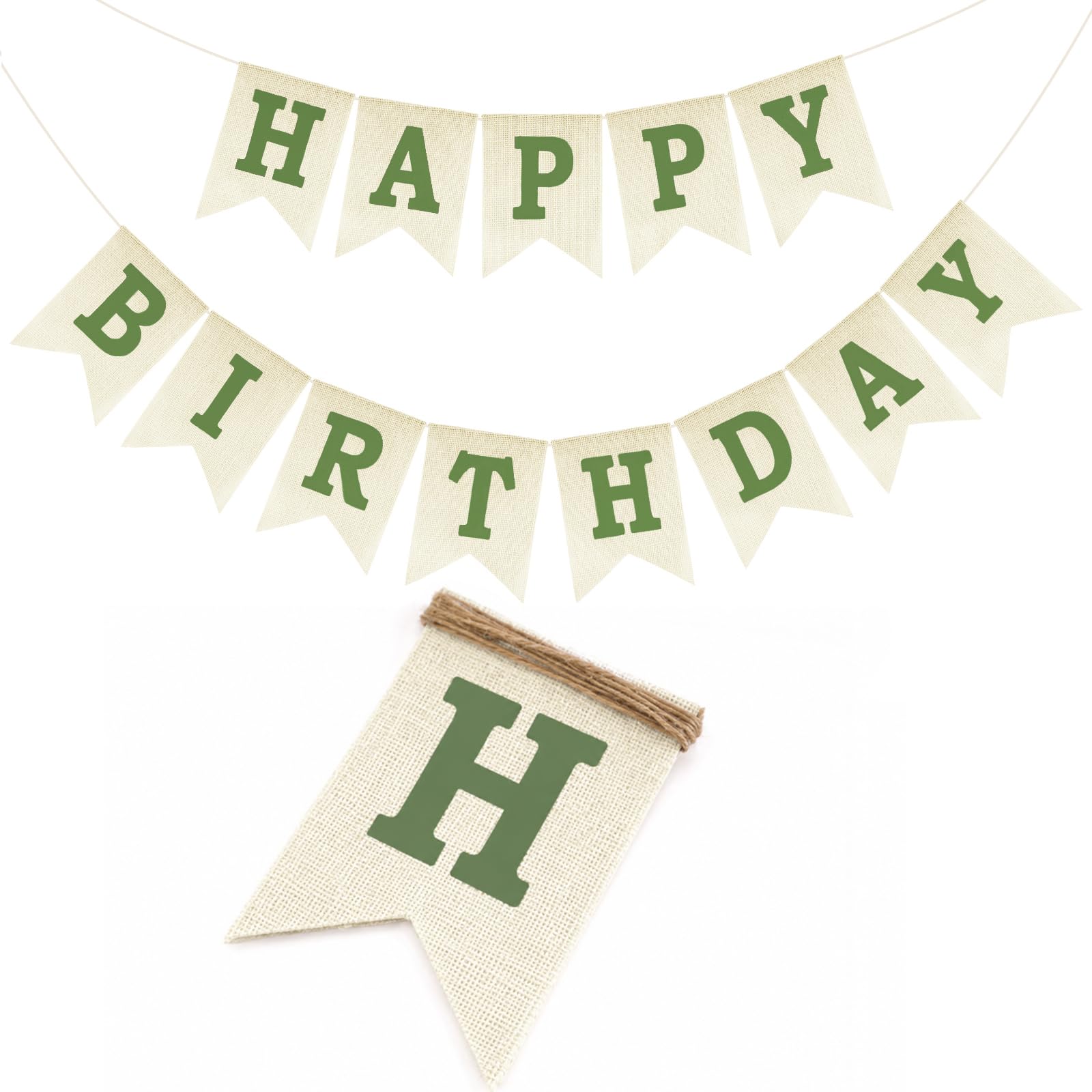 G2PLUS Sage Green Happy Birthday Bunting, Pre-Strung Hessian Birthday Banner for Boys, Men, Adults and Kids, Birthday Party Decoration