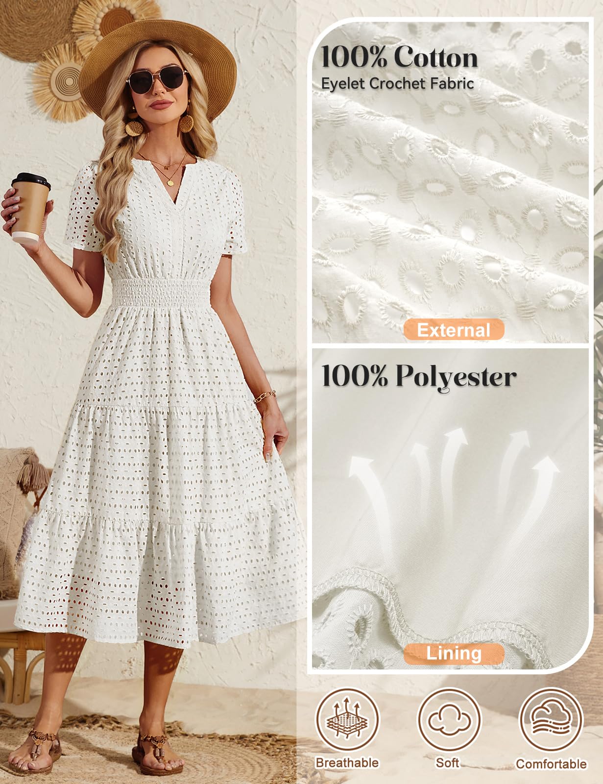 heekpek Vestido Largo Verano Mujer Algodón Cuello en V Vestido Elegante Manga Corta A-Line Cintura Alta Casual Vestidos Boho con Bolsillos