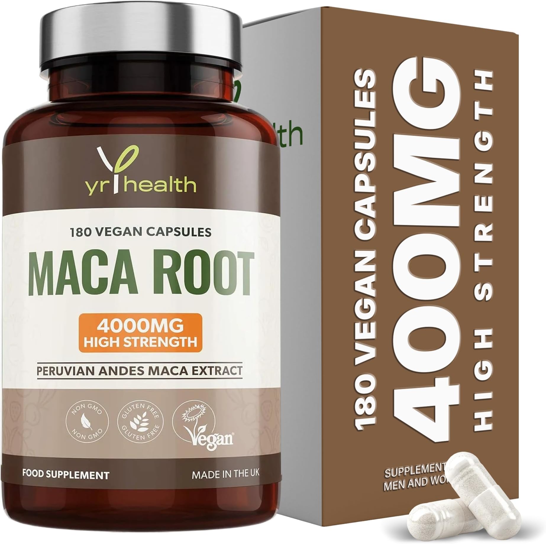 Maca Root Capsules 4000mg, 180 Vegan High Strength Peruvian Black Maca Extract Capsules, Sexual Health Supplement for Men and Women - Made in the UK by YrHealth