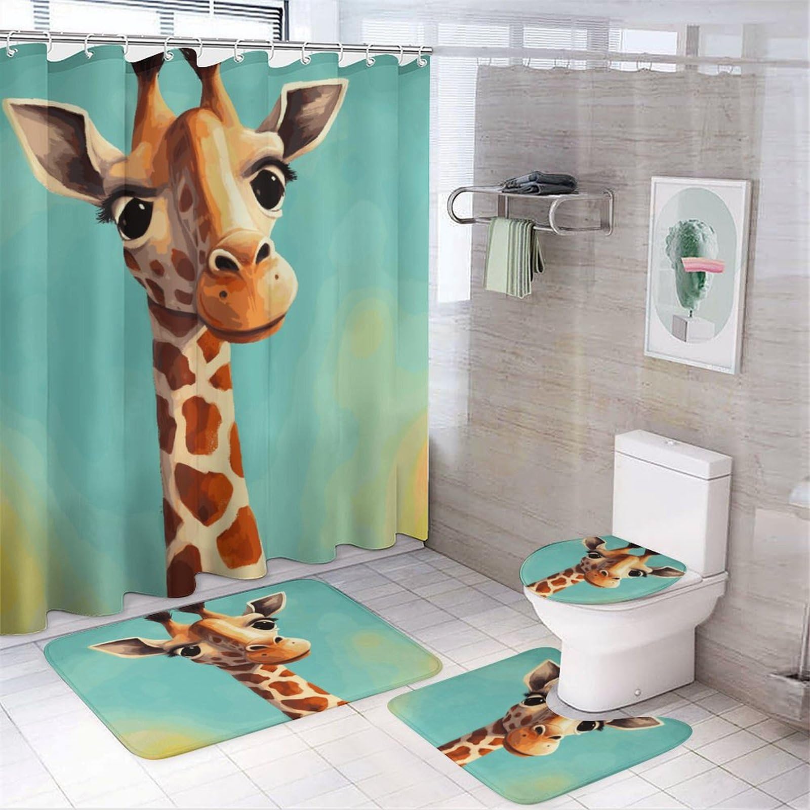 Rideau de douche girafe et tapis antidérapant contre les éclaboussures au sol