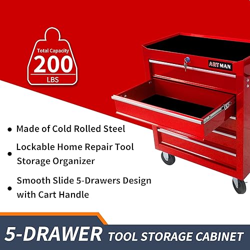 Miniatura 9 de Cofre de herramientas rodante de alta capacidad de 5 cajones con ruedas, armario de almacenamiento de herramientas con cajones con cerradura, gran