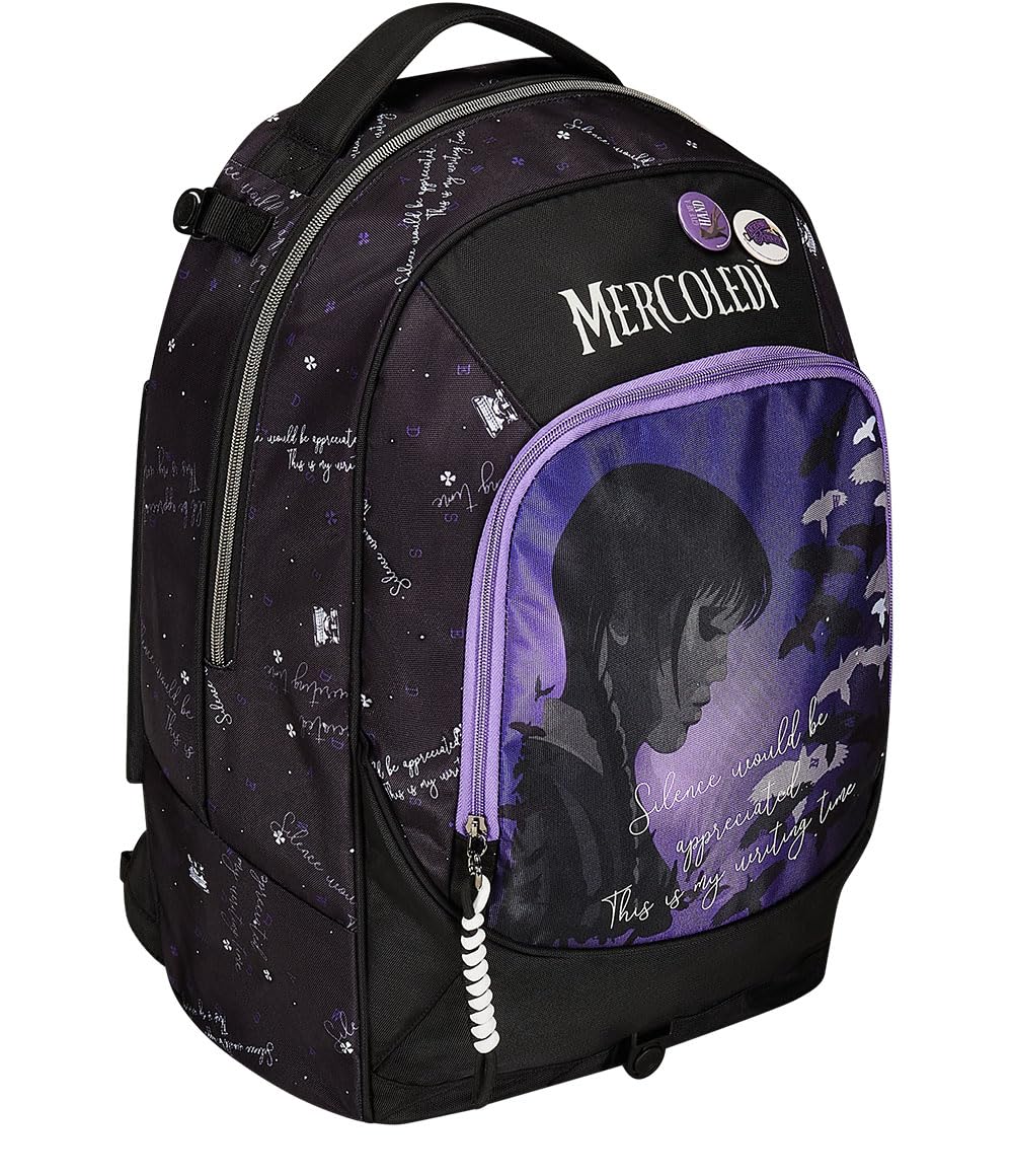 Seven Trolley Scuola Jack 3 Ruote, MERCOLEDÌ - BE THE STRANGE YOU WANT TO, Nero Viola - 3 in 1, Triplo Uso, Zaino Con Carrello Sganciabile, Tasca Porta Borraccia, Zaino Scuola Ragazza