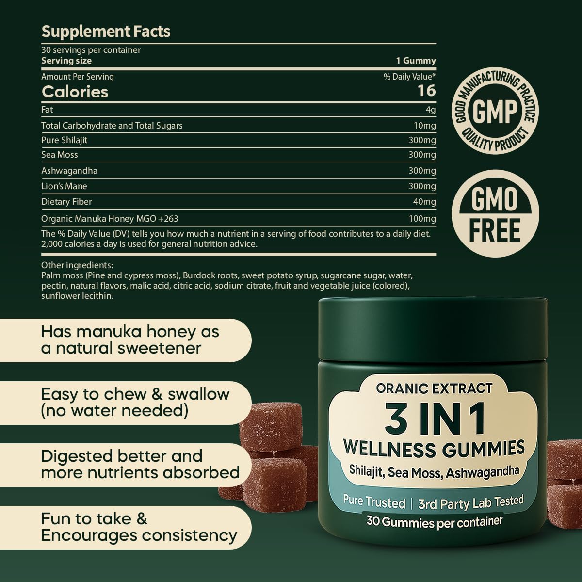 3IN1 Shilajit Wellness Gummies, Ashwagandha, Sea Moss, Energy & Immune Support for Man & Women, Trace Mineral & Fulvic Acid Rich, Organic, Vegan, Non-GMO, 30 Gummies - Image 3