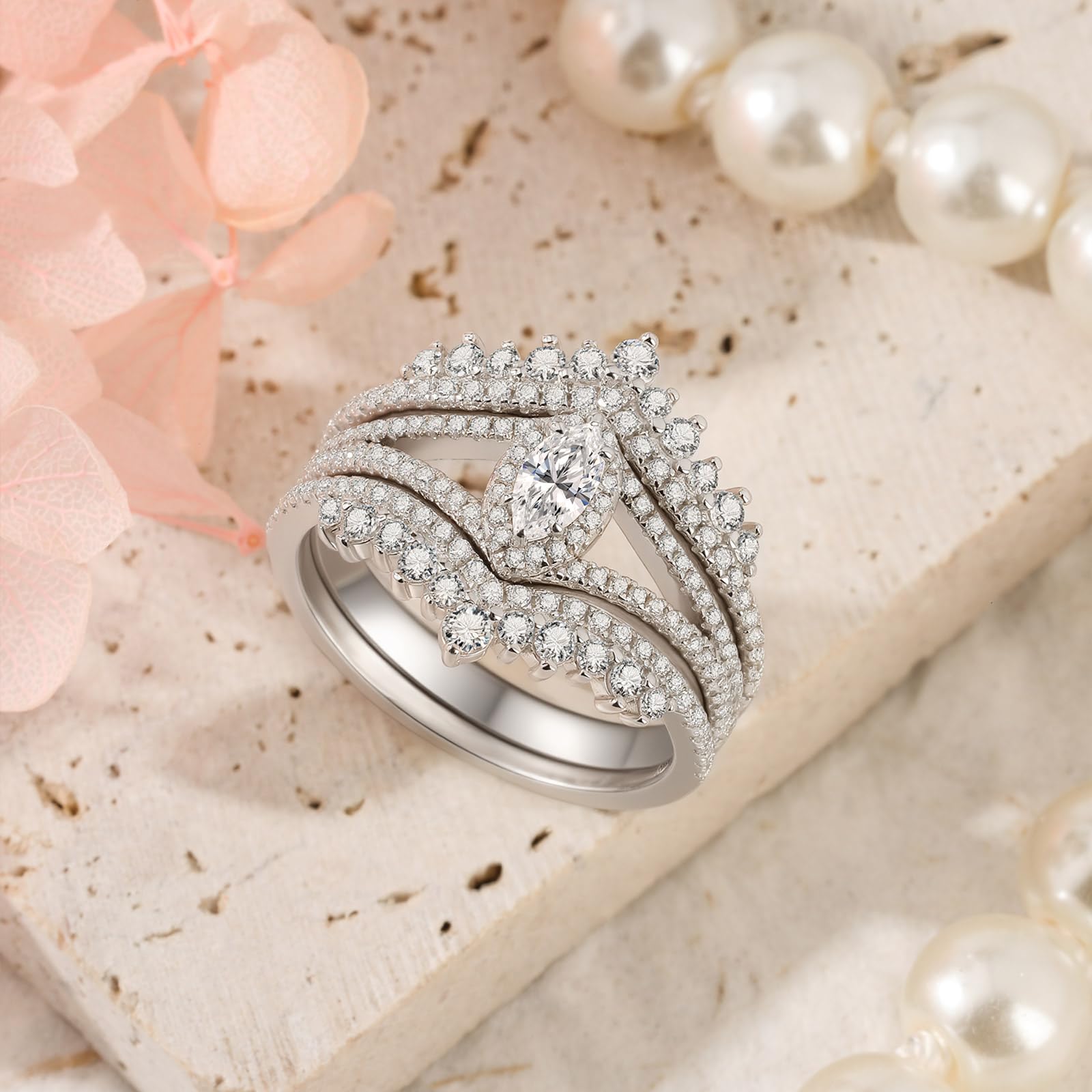 Damen Moissanit Ring Set Vintage Halo Marquise Vorsteckring 925er Sterling Silber Doppelring Rundschliff Stapelring Elegant Hochzeitsring Band Ring für Valentinstag Verlobung