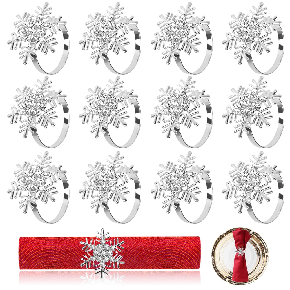 Corsehild 12 PCS Christmas Napkin Ring Snowflake Napkin Holders Silver Serviette Ring Holder Xmas Napkin Buckle Metal Napkin Ring Circle with Rhinestone for Christmas Wedding Party Dinner Table Decor