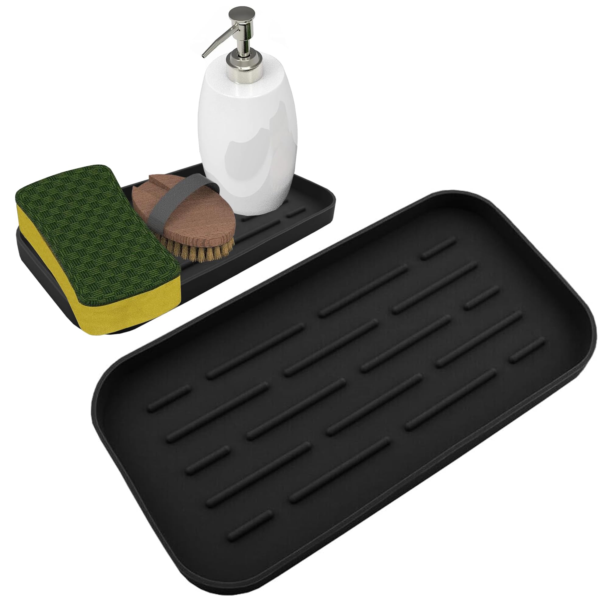 ATEK Silicone Organiser Tray, Non-Slip Kitchen Sink Tray, Soap and Sponge Holder for Kitchen Sink Trays, Silicone Kitchens Drying Mat for Dish Brush, Soap Dispenser, Dishwashing Accessories (Black)