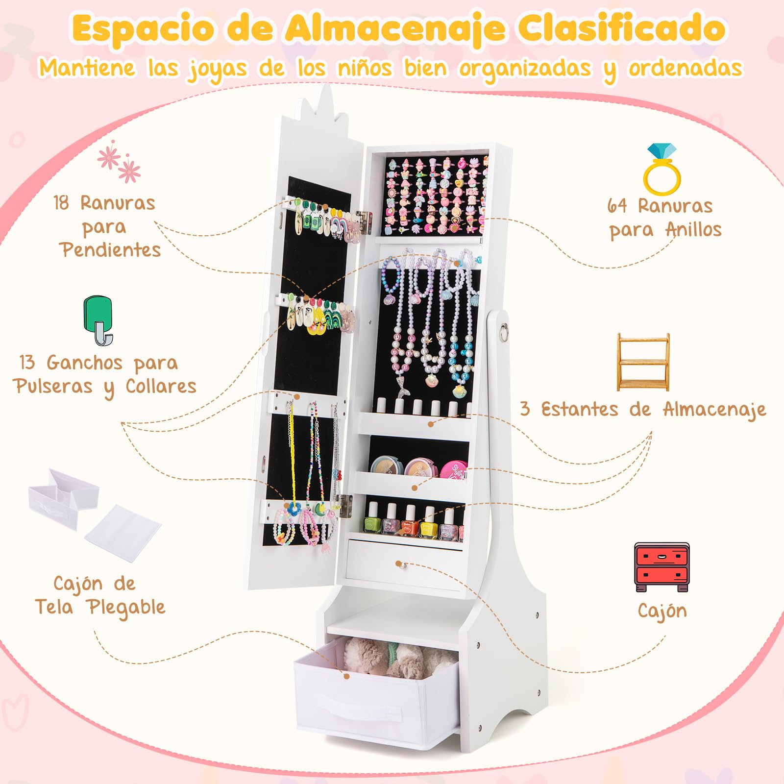 GOPLUS Armario de Joyería para Niños con Espejo de Cuerpo Entero, Organizador de Joyería Infantil de Pie con Cajón Plegable, 2 Ángulos Ajustables, Armario de Joya Princesa para Dormitorio (Blanco)