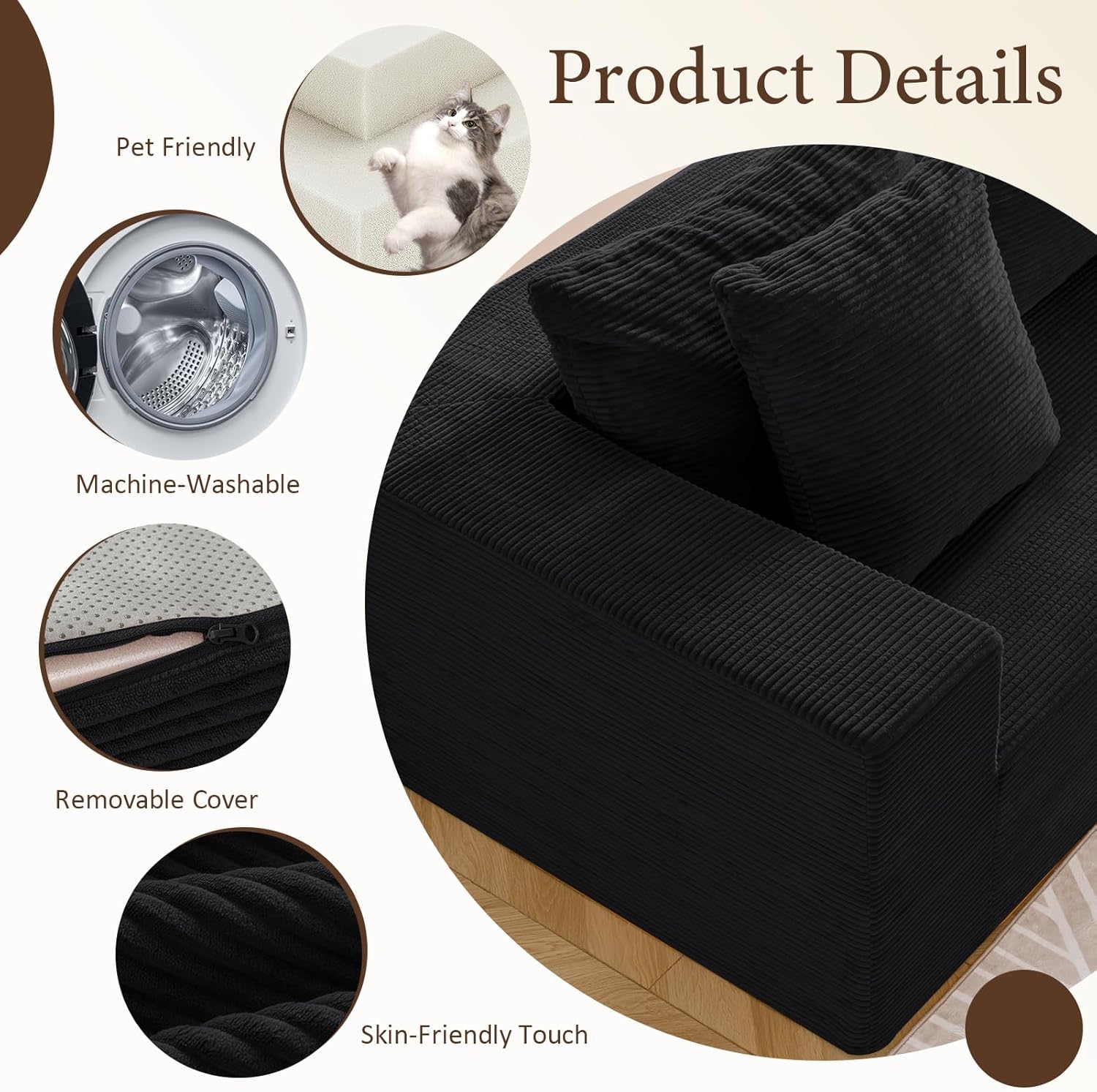 INGEROOM 108" Modular Cloud Sectional Couch with Deep Seat, Boneless Sofa with Movable Ottoman, Plush Corduroy Memory Foam Couch for Living Room, No Assembly, Black