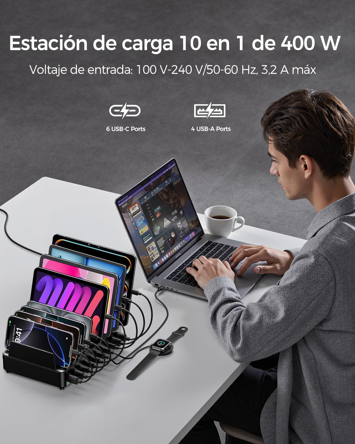 Estación de Carga Multi-Dispositivo Rocoren de 400W con USB-C, PD100W GAN 10 Puertos, Cargador de Escritorio para móviles con Carga rápida, Compatible con MacBook Pro/Air, iPh0ne y Galaxy