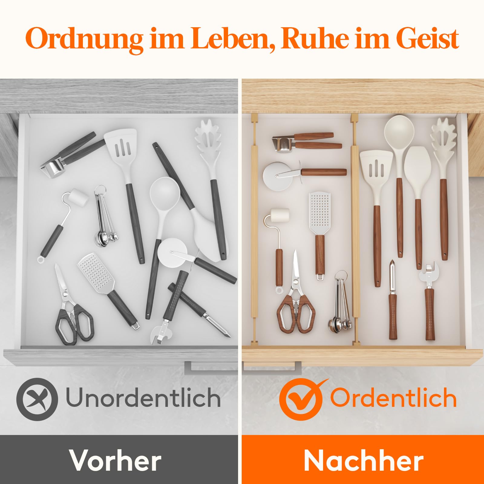 Lifewit 6er Schubladentrenner Verstellbar für Innenlänge 42–56cm&Höhe>6cm | Bambus Schubladen Organizer Ordnungssystem für Küche Kleiderschrank Schreibtisch Kommode Büro, Flexibel, Rutschfest, Stabil