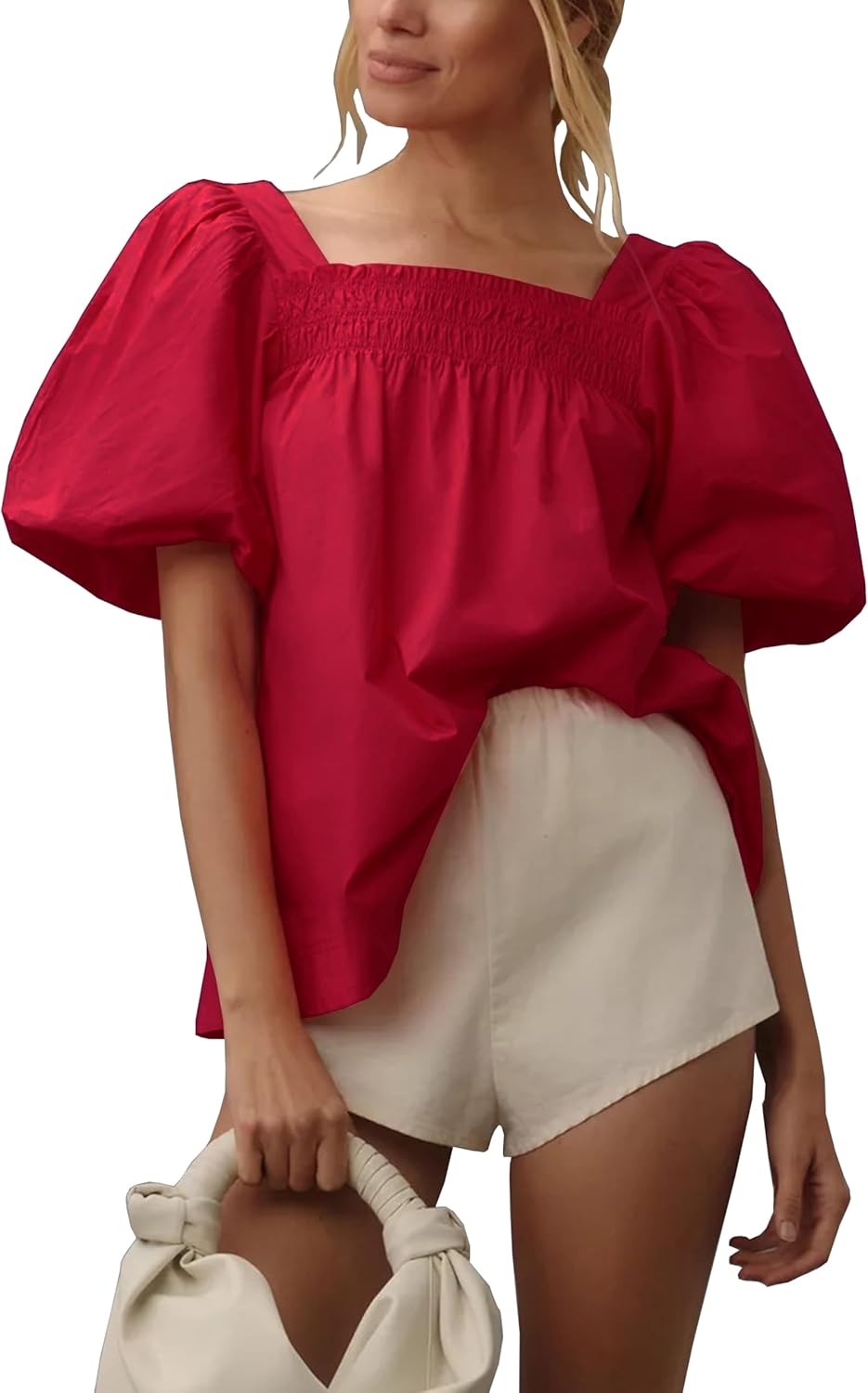 Tiko Miko Short Puff-Sleeve Dressy Blouses Smocked Square Ruffle Neck Loose Shirts Casual Womens Tops