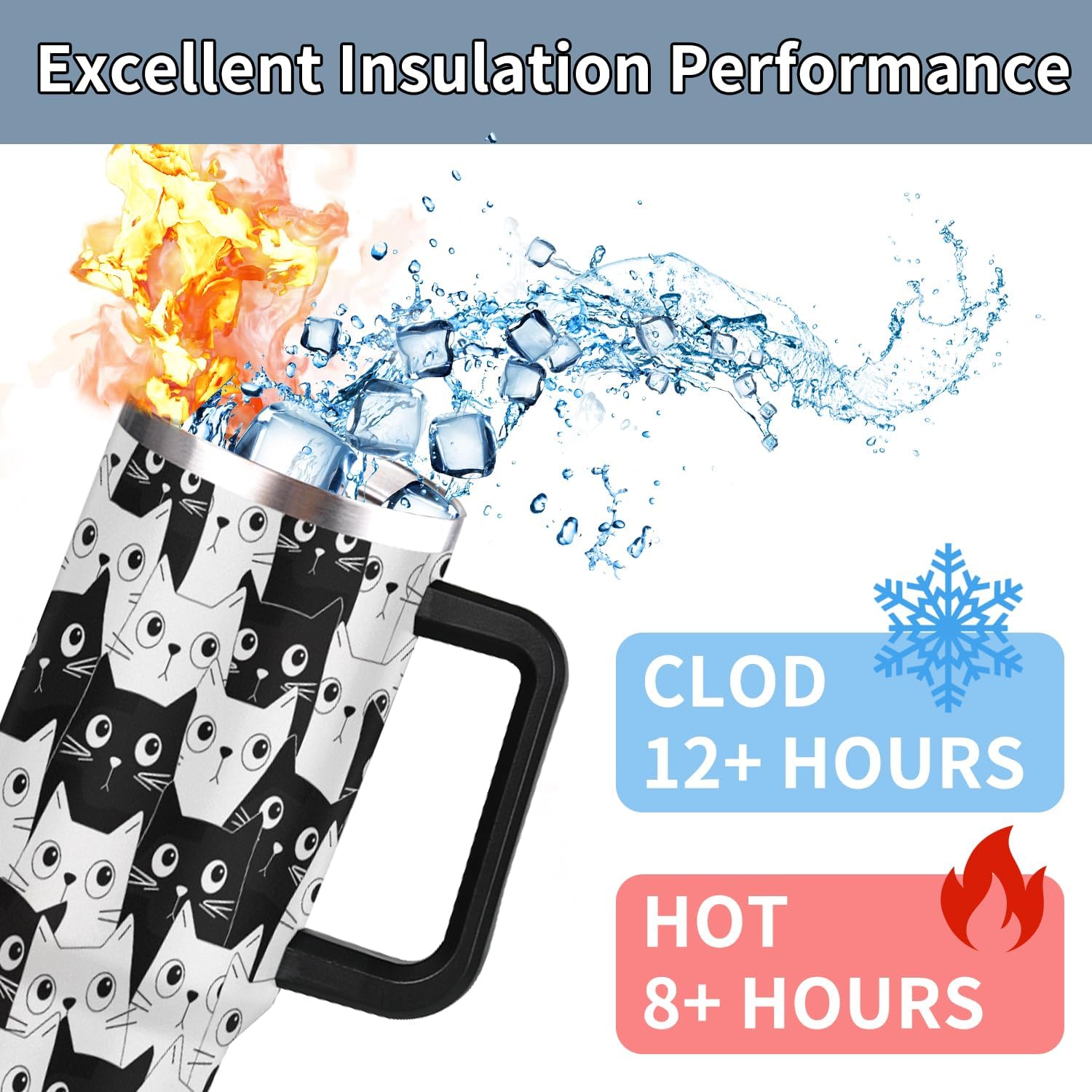 40 oz Insulated Tumbler with Handle - Funny Black Cat Stainless Steel Metal Water Bottle with Lid and Straw, Everything Is Fine Coffee Travel Mug Cup, Gifts for Cats Lovers Women Men