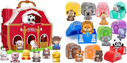 Juguetes de aprendizaje para niños de 1, 2 y 3 años, juego de animales de granja grande + juguete de animales de safari, juguetes de aprendizaje