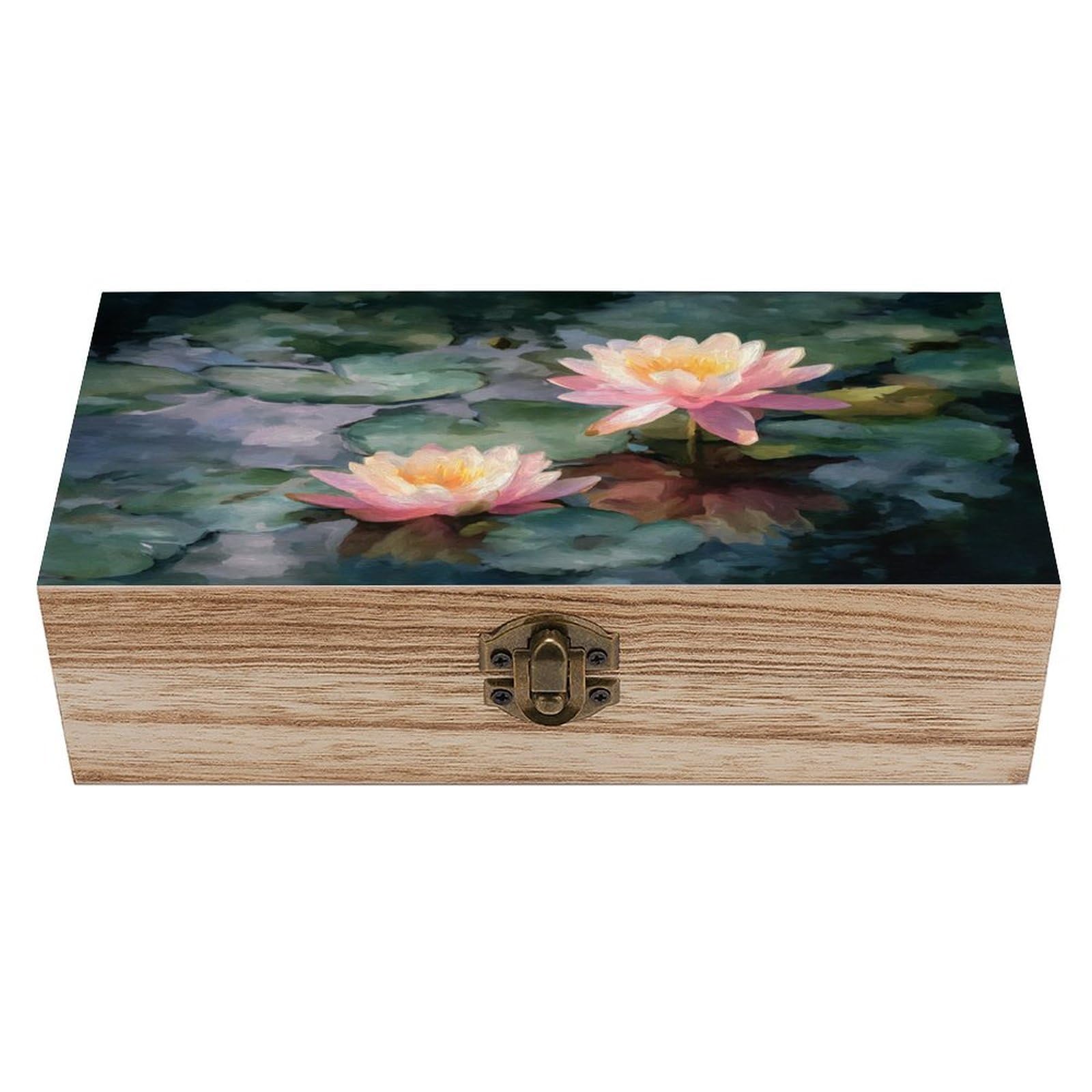 Ahdyr As Pic Water Lilies Wooden Storage Box With Hinged Lid And Front Clasp Large Keepsake Box