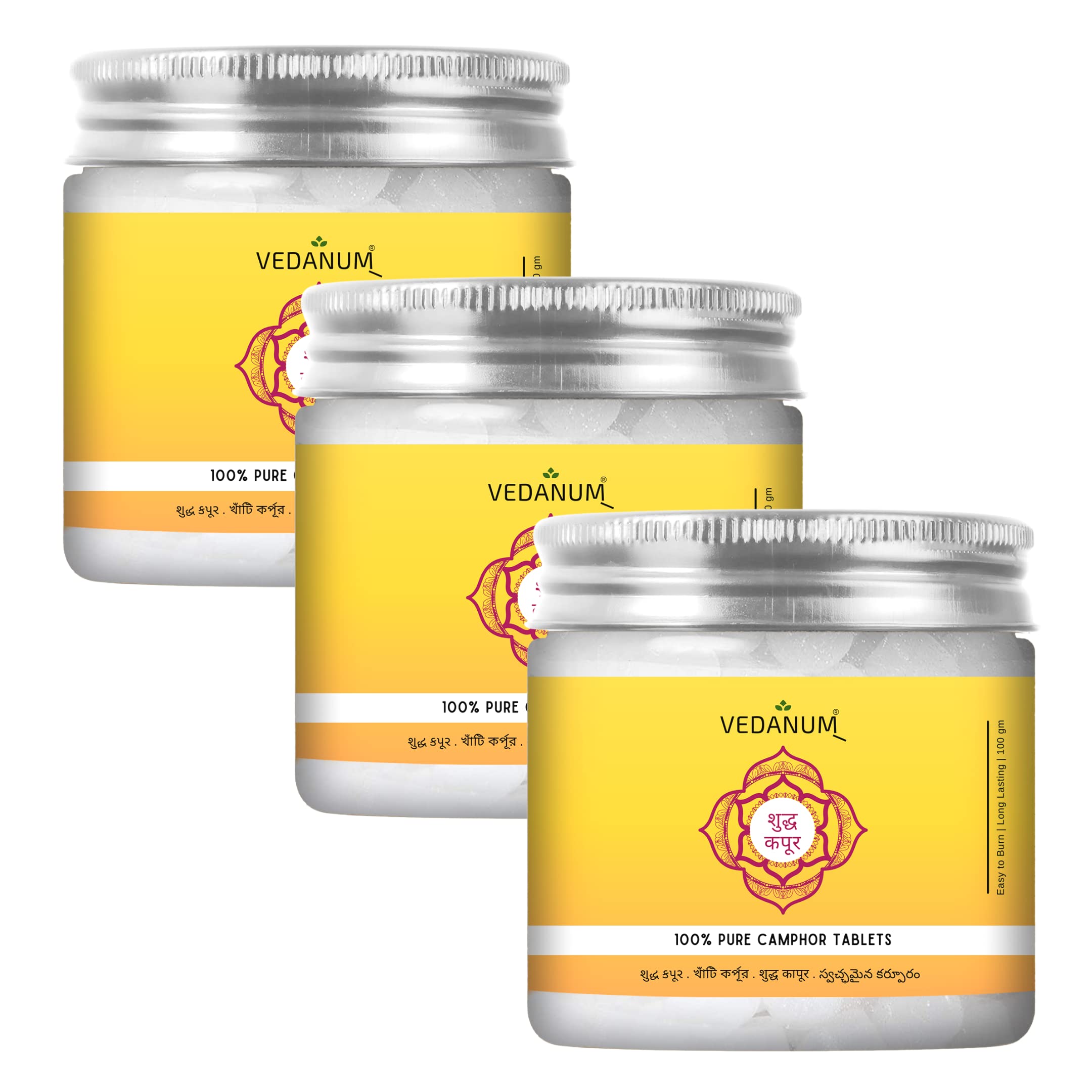 Vedanum 100% Pure Camphor Tablets with Long Lasting Low Smoke Organic Kapur for Puja and Meditation - Pack of 3 (100gm Each)