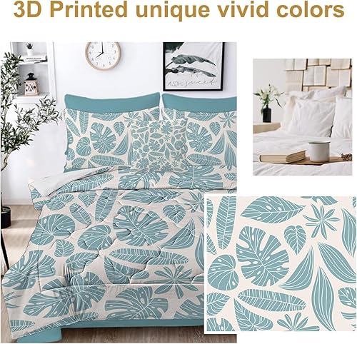 Miniatura 6 de BEDMUST Juego de edredón de plantas tamaño individual, 8 piezas de cama en una bolsa, juego de ropa de cama de Monstera Azure Azure, juego de