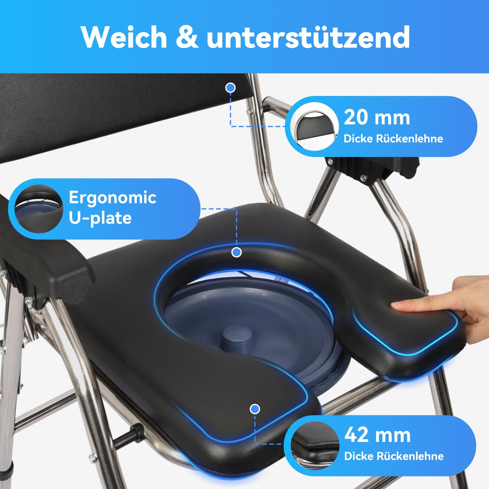 Toilettenstuhl klappbar für Senioren – 2-lagiges dickes Sitzkissen, breiter Edelstahlrahmen, höhenverstellbar, bis 200 kg belastbar, fahrbarer Duschstuhl & Toilette (Schwarz)