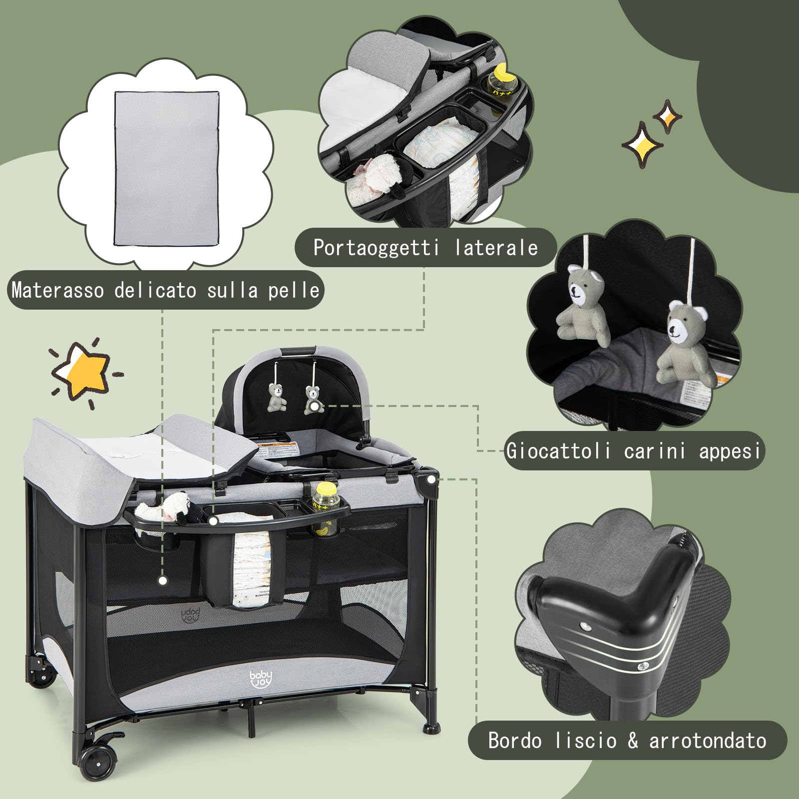 RELAX4LIFE 5-in-1 Lettino da Campeggio per Bambini, Culla Neonato Fianco Letto, Lettino Neonato con Materasso, Ruote Bloccabili e Borsa per il Trasporto, per Bambini 0-36 Mesi (Nero)
