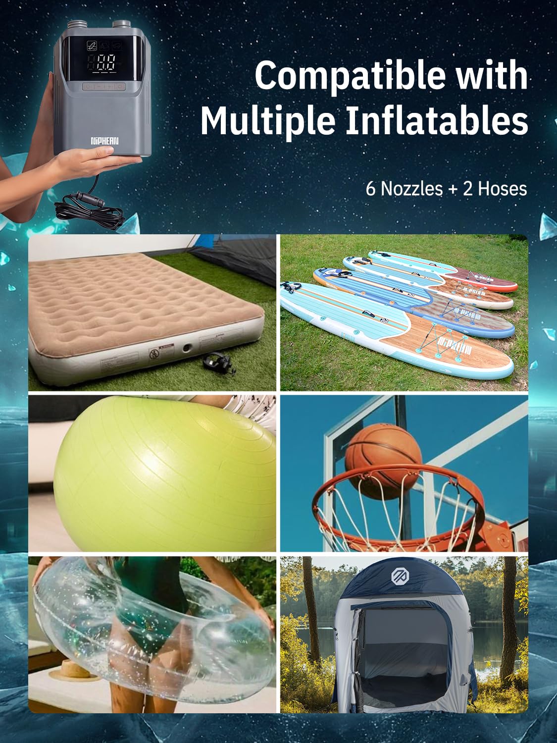 Niphean Gonfleur Electrique Portable avec Câble 12V (Extra Long) de 300cm, Pompe Electrique Sup 50 PSI pour Matelas Gonflable et Voiture, Gonfleur Pneu pour Gonflage&Dégonflage, Pompe Paddle avec Sac