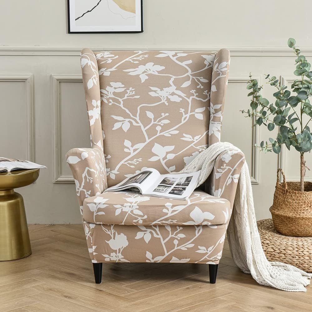 Highdi 2 Teilig Ohrensessel Überzug, Sessel-Überwürfe Ohrensessel Schonbezüge Bezug Sesselhusse Elastisch Stretch Tiger Stuhlbezug mit Armlehne Hohe Rückenlehne Universal (Zweig der weißen Blume)