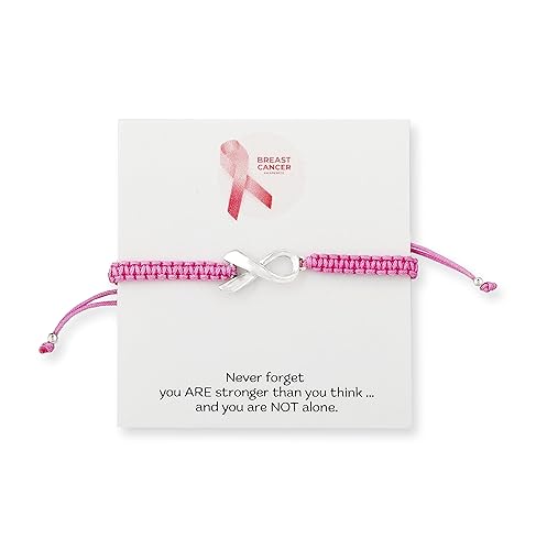Pink Breast Cancer Awareness Bracelet with Large Sterling Silver Ribbon Shaped Charm and Friendship Support Message Card Womens Adjustable Macrame