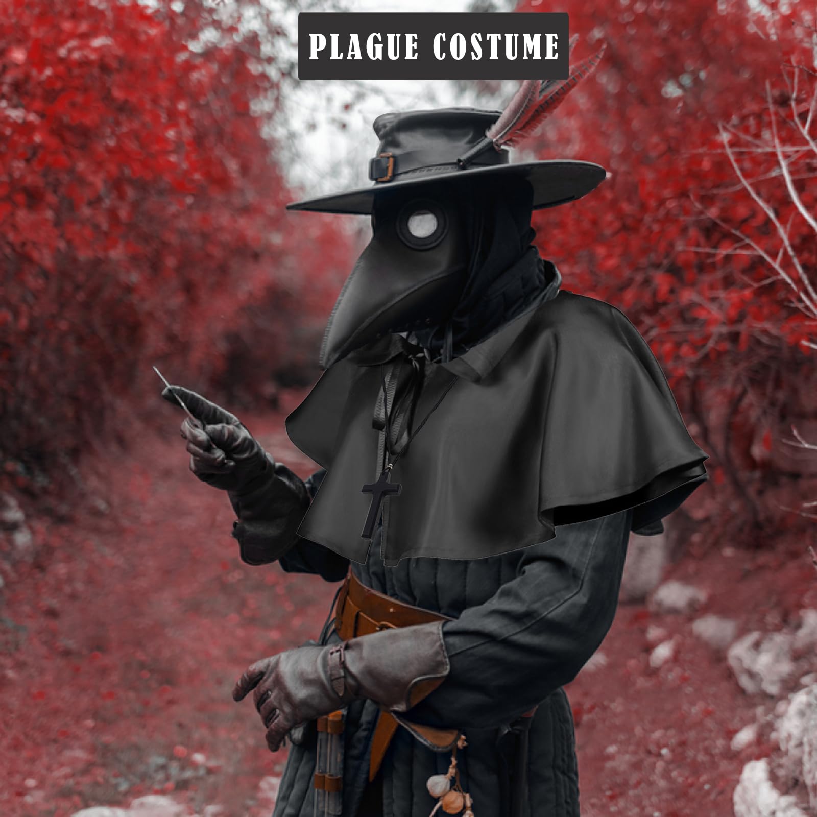 Medico Della Peste Costume Maschera Medico Della Peste Halloween Cosplay Uomo Steampunk Maschera Dottore Della Peste Crocifisso Collana Legno Pelle Guanti Mantello con Cappuccio per Carnevale Festa