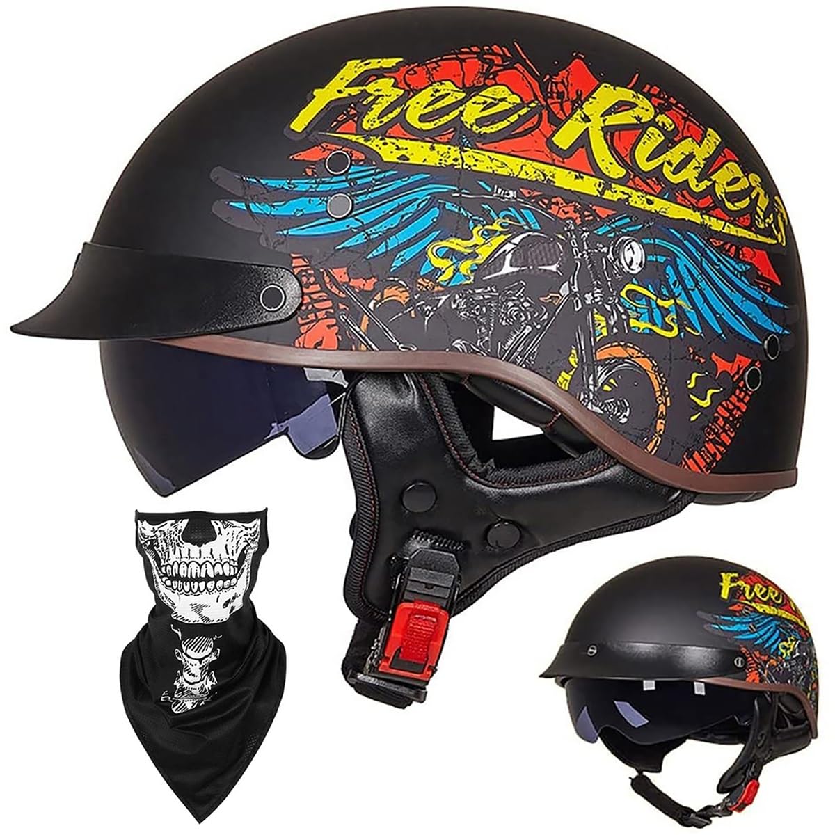 Ebayin N Ebayi Half Helmet Ope-Face Helmet Brai - Cap Cruiser Chopper Scooter Pilot Jet Helmet Dot+Ece Certified Personality Retro Harley Motorcycle Helmet(,Xl=(61~62Cm))