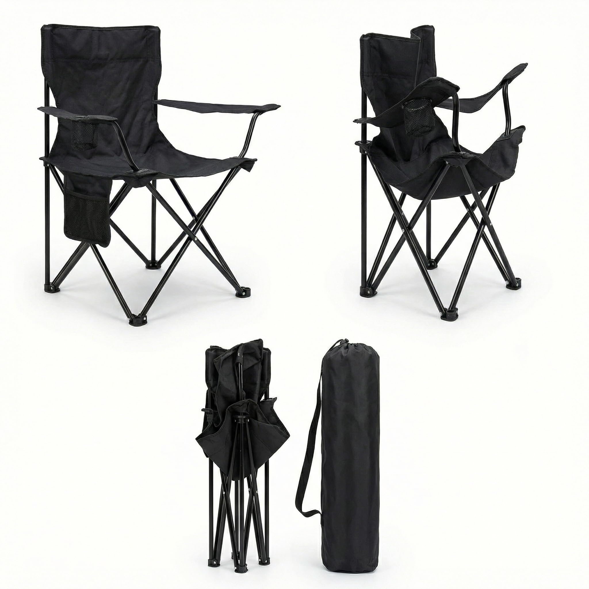 Silla Plegable de Camping con Respaldo y Reposabrazos 48x49x80 cm, Portavasos y Bolsillo, Ultraligera Portátil para Playa, Pesca, Jardín y Excursiones – Incluye Bolsa (Negro, Pack de 2) - 5