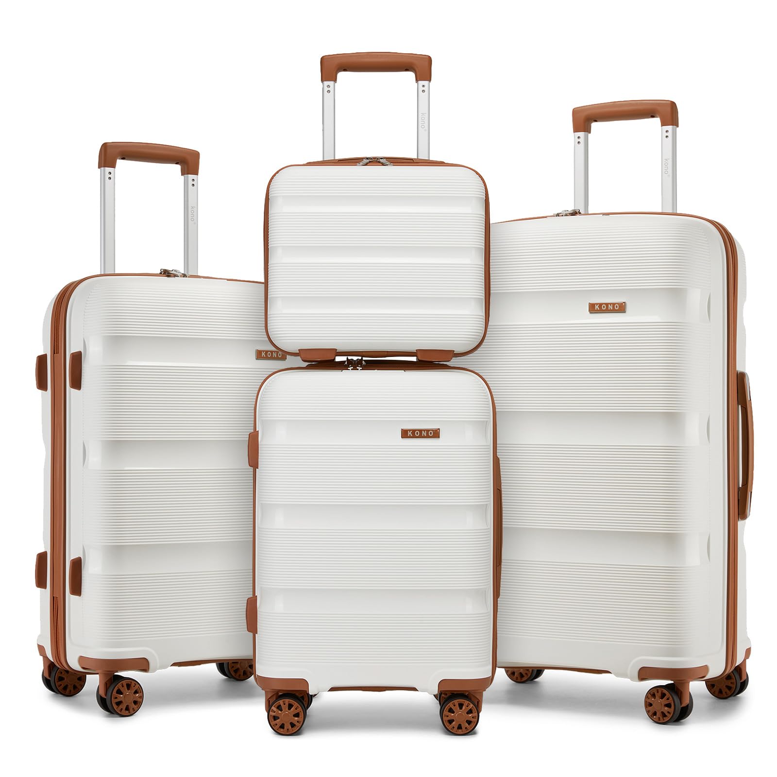 Kono Juego de Maletas de Viaje 4 Piezas PP - Equipaje con Ruedas 360° Silenciosas, Candados TSA e Incluye Estuche de Cosméticos para Toda la Familia (Crema/Marrón)