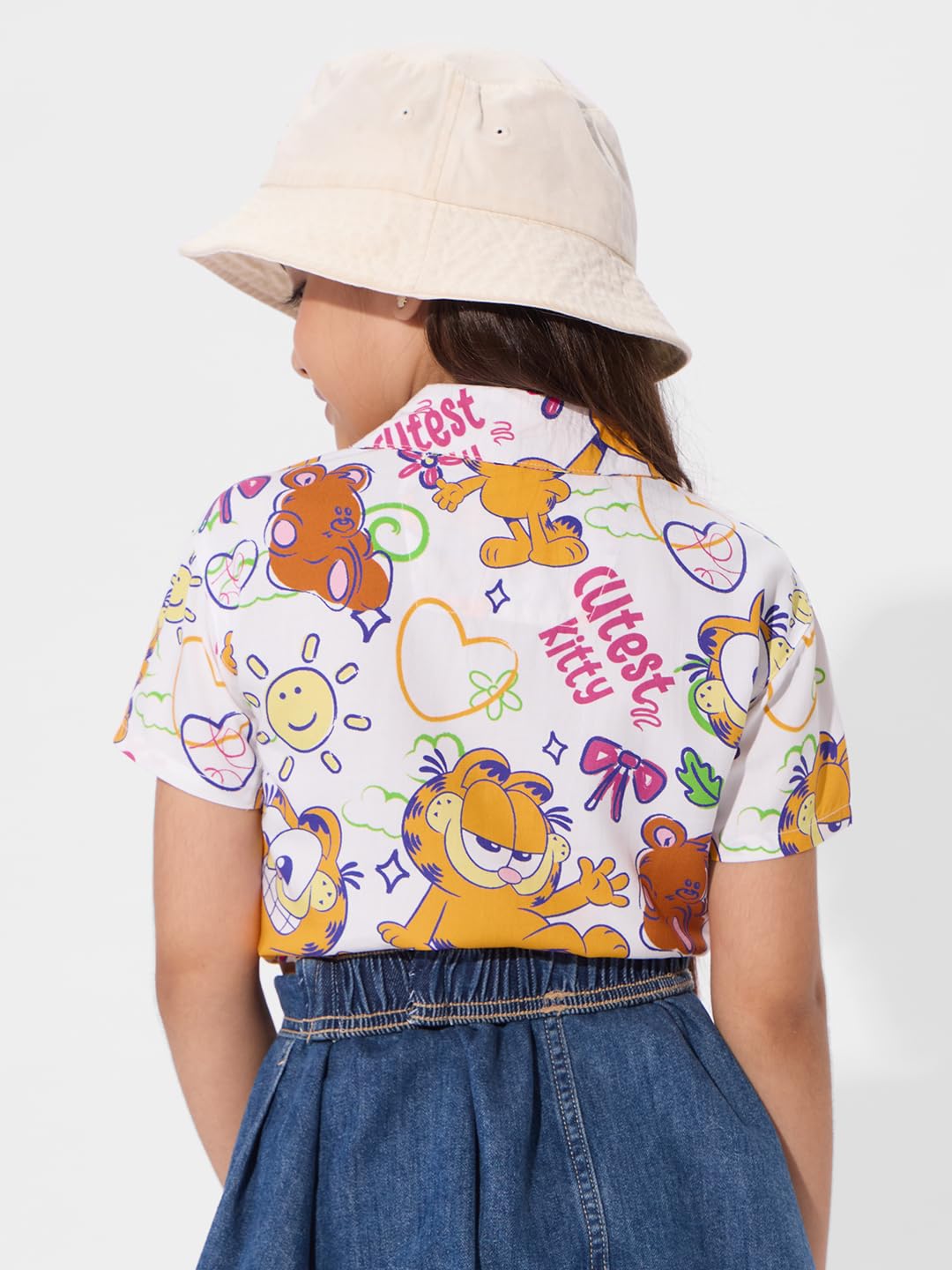 The Souled Store Garfield: Cutest Kitten Girls - Camiseta corta de algodón estampada con cuello y cuello blanco