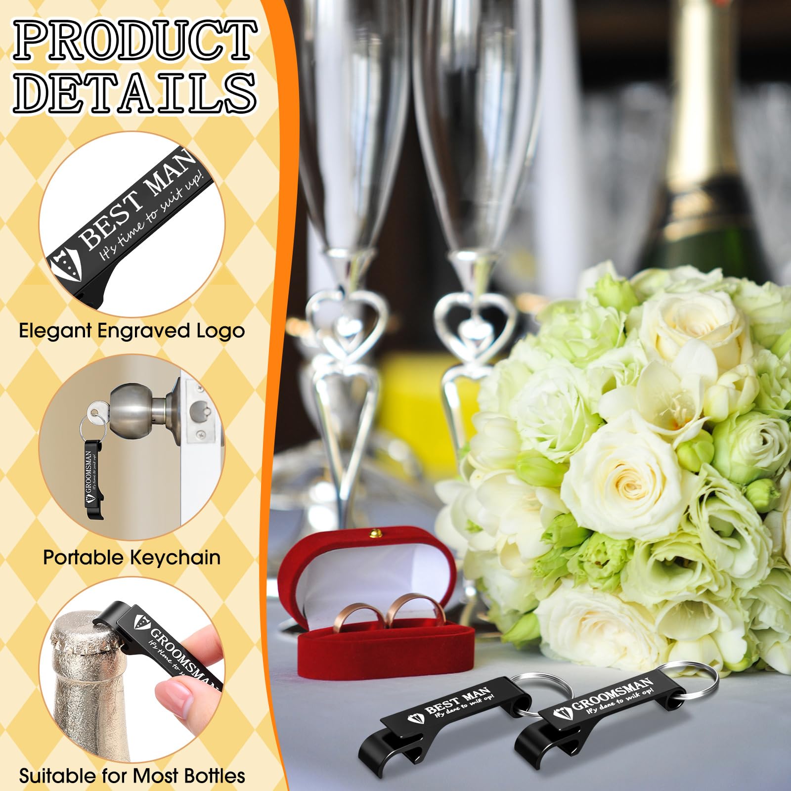 Jingmore 10 Pcs Groomsmen Bottle Opener Keychain Groomsmen Proposal Gift Aluminum Wine Beer Opener Wedding Favors Bulks Include 9 Groomsman and 1 Best Man Gift for Wedding Bachelor Party(Black)