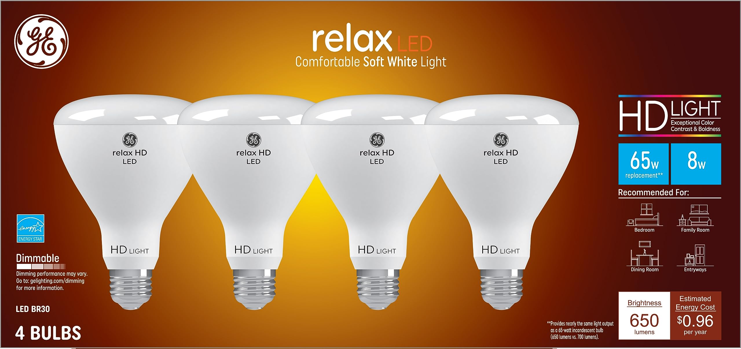 Relax LED Light Bulb, 65 Watt, Soft White, BR30 Indoor Floodlight (4 Pack)