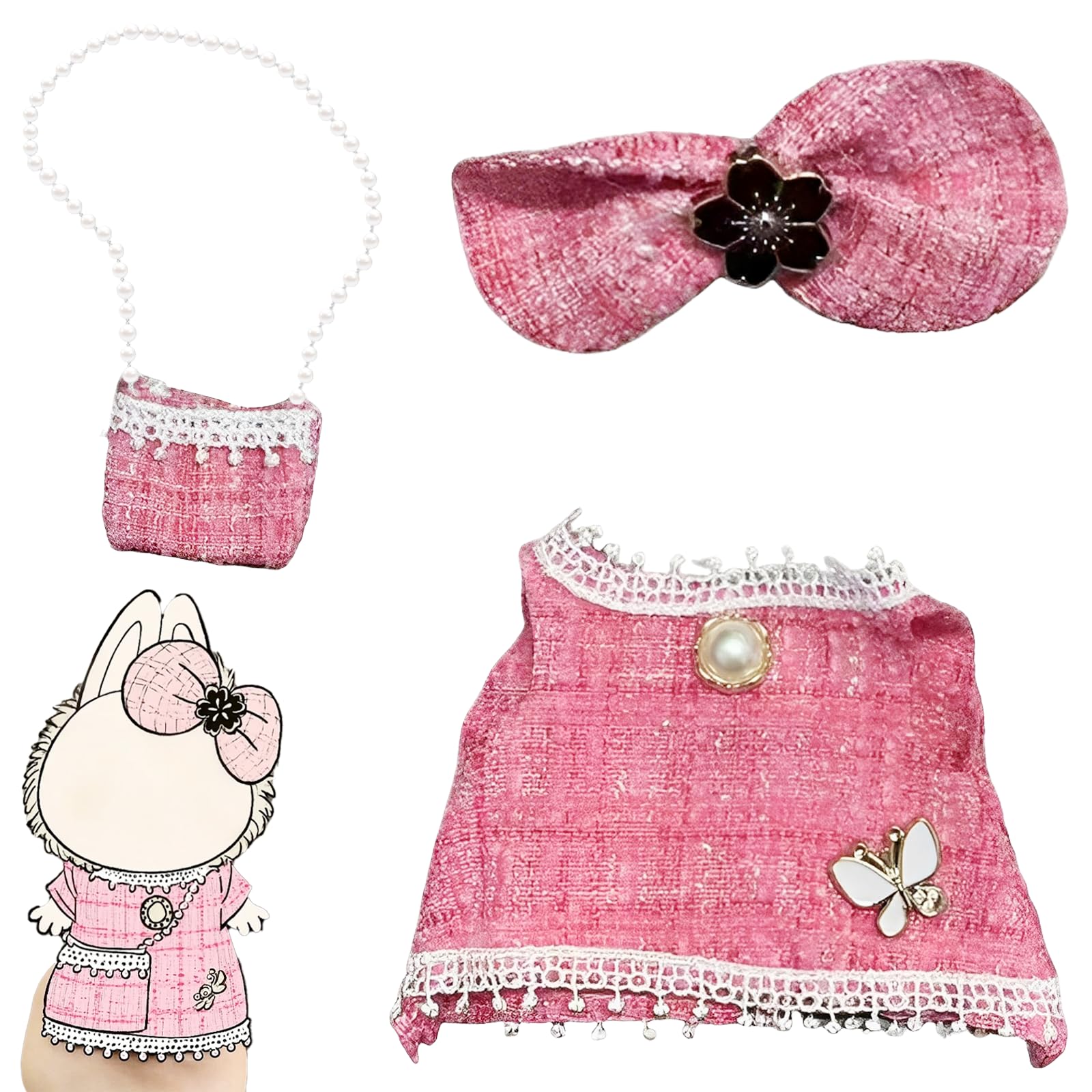 EXGYAN Luxury Fashion Set for 17cm Doll - Pink Plaid Tweed Dress + Plaid Bow + Backpack