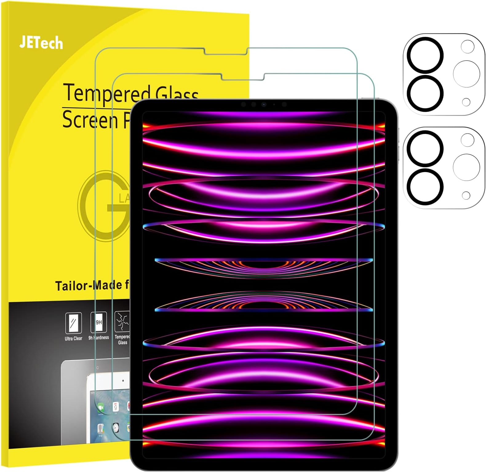 JETech Screen Protector for iPad Pro 11-Inch (2022/2021/2020 Release) with Camera Lens Protector, Tempered Glass Film HD Anti-Scratch, Support Pencil & Face ID, 2-Pack Each