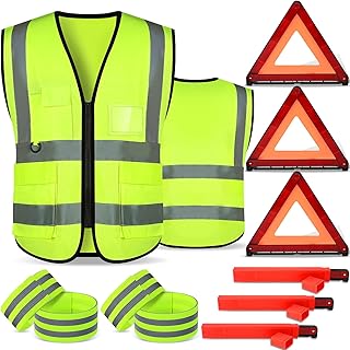 Set of 10 Safety Triangle Warning Kit Roadside Emergency Kit - 2 Reflective Safety Vest Visibility Roadside Vest 3 Reflective Warning Triangle 4 Pieces Wristband for Breakdowns Construction