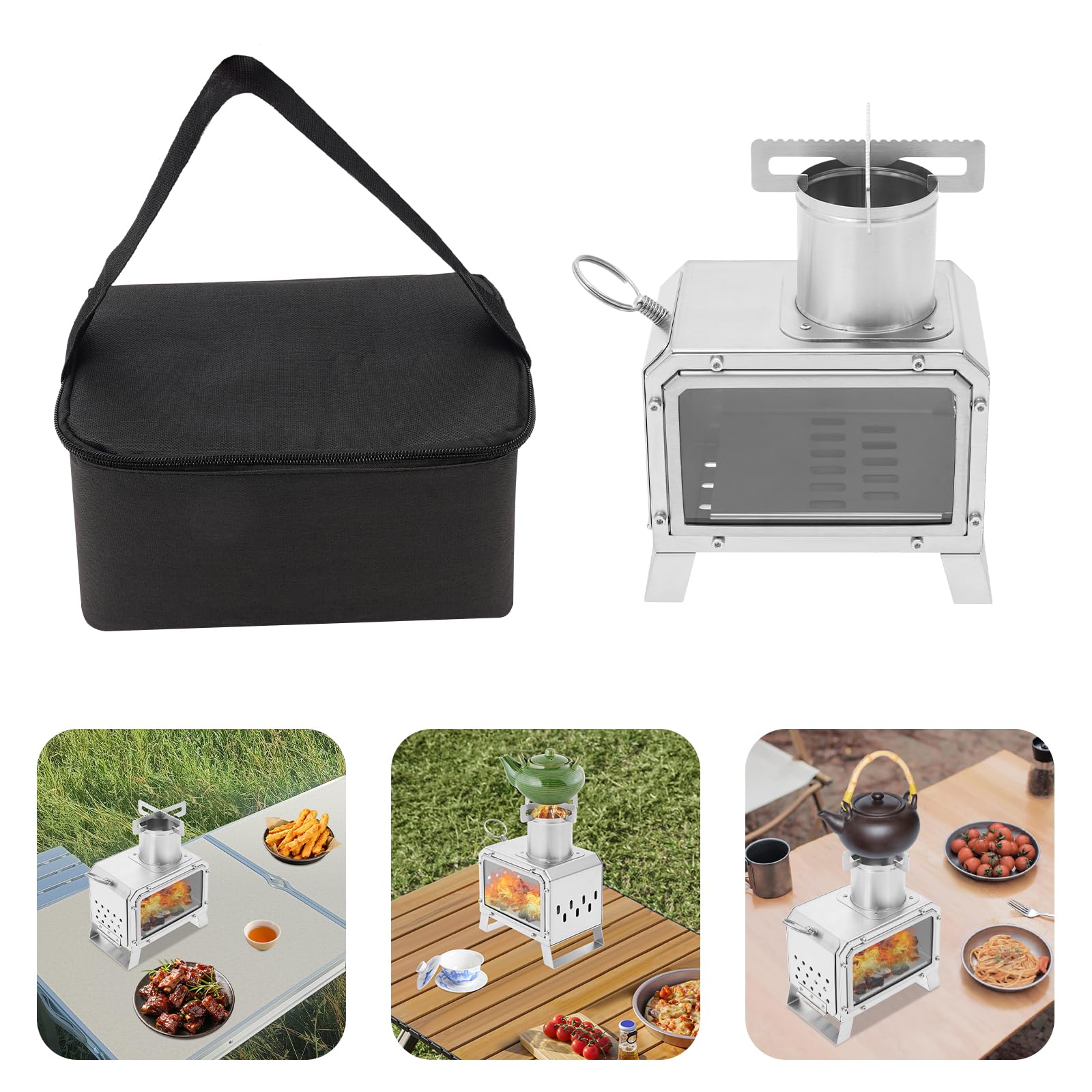 Fornello da campeggio in legno – Fornello portatile a legna in acciaio inox con finestra a vista, per esterni, escursioni, barbecue, compatto 25,9 x 18,5 x 12,8 cm, con borsa per il trasporto