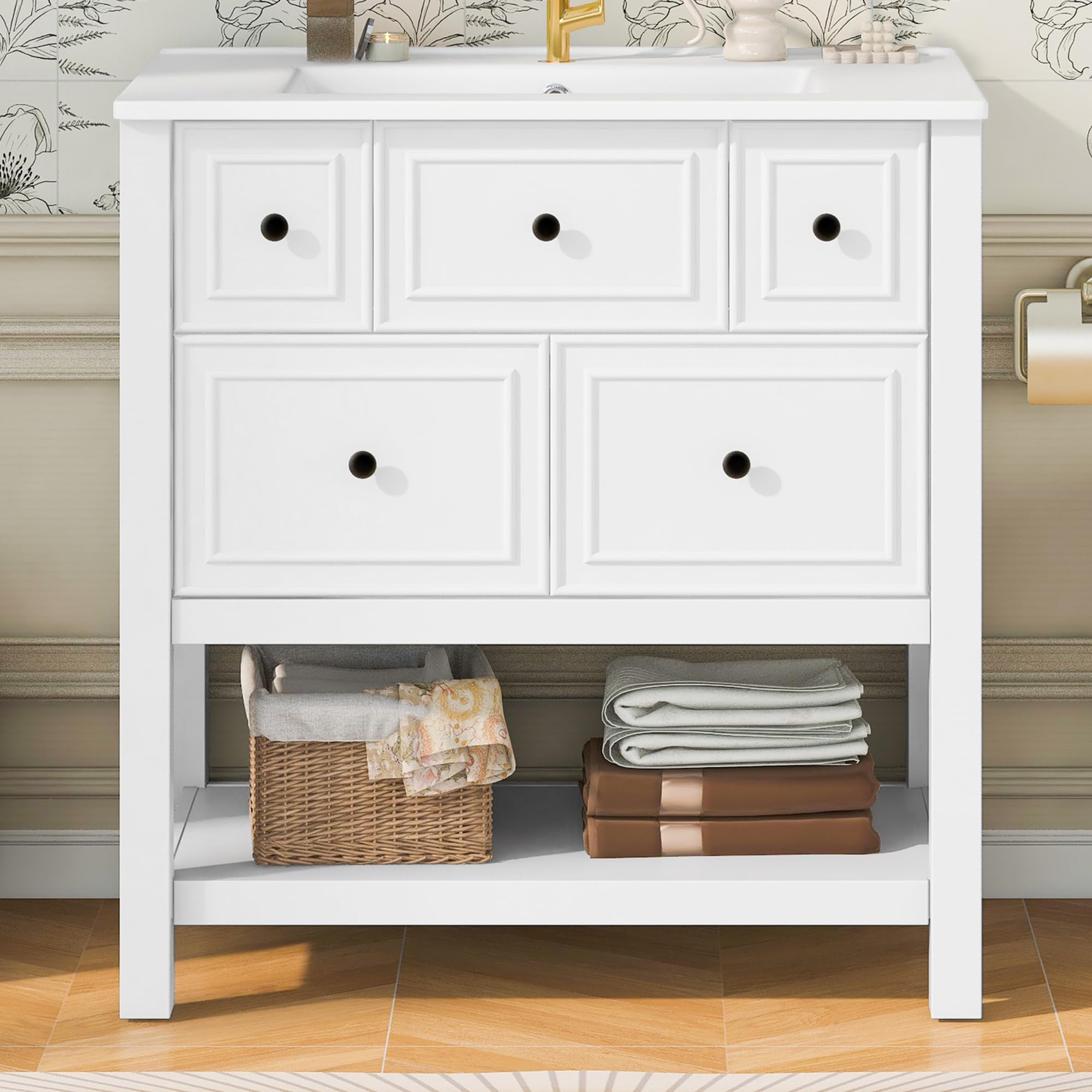 Mobile sottolavabo bianco con lavabo in ceramica, 76 cm, autoportante, con 5 cassetti e ripiano aperto, per bagno di casa e WC degli ospiti