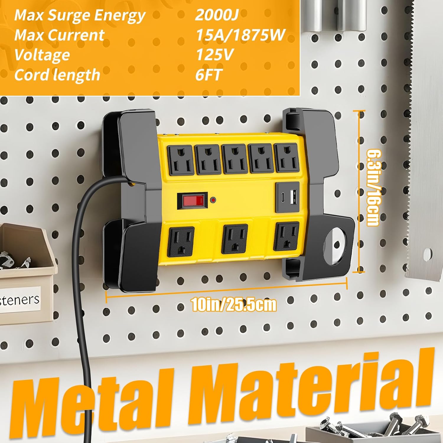 Heavy Duty Power Strip with Surge Protector, 8 Outlets 2 USB Ports, 15A Metal Wide Spaced Power Strip 1875W/2000J, 6FT Extension Cord with Flat Plug for Workshop Garage Shop (Yellow 6FT)