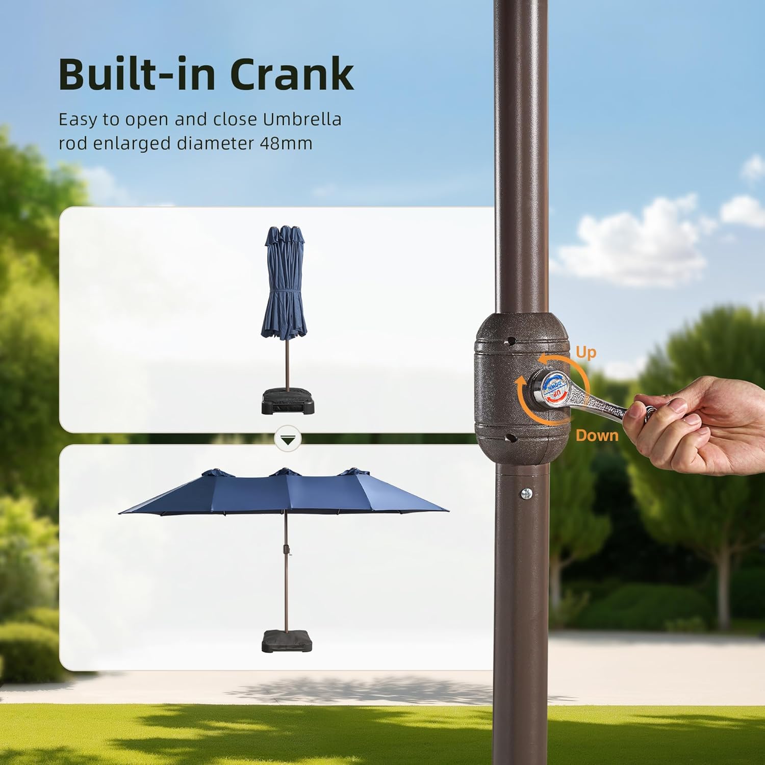 15 ft Large Patio Umbrella with Color Changing Lights,UPF50 Outdoor Table Umbrella with Solar Lights and Base,Remote Control&APP Control, Rectangular Market Umbrella for Poolsid,Lawn