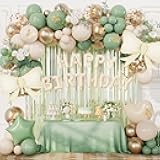 DBKL Sage Green Birthday Decorations with Happy Birthday Banner, Sage Green Sand White Gold Confetti Balloons Butterfly Fringe Curtain Party Decorations for Women Girls