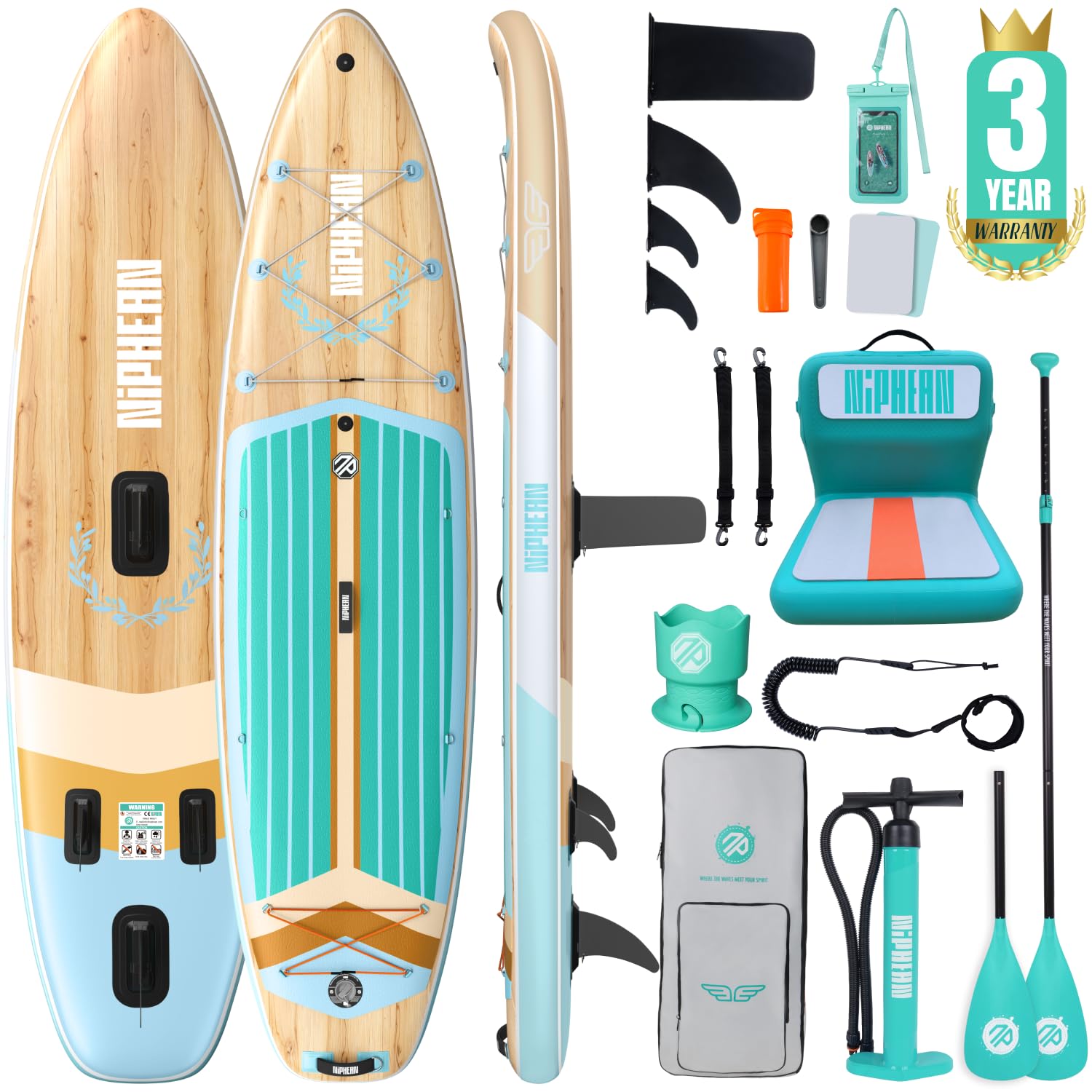 Niphean (Extra Grande) Tavola SUP Gonfiabile per 2+1 Persone/Famiglia, Stand Up Paddle Board con (Facile per Principianti) StabilTrac Pinna, Custodia Impermeabile, SUP Gonfiabile Adulti, Idee Regalo
