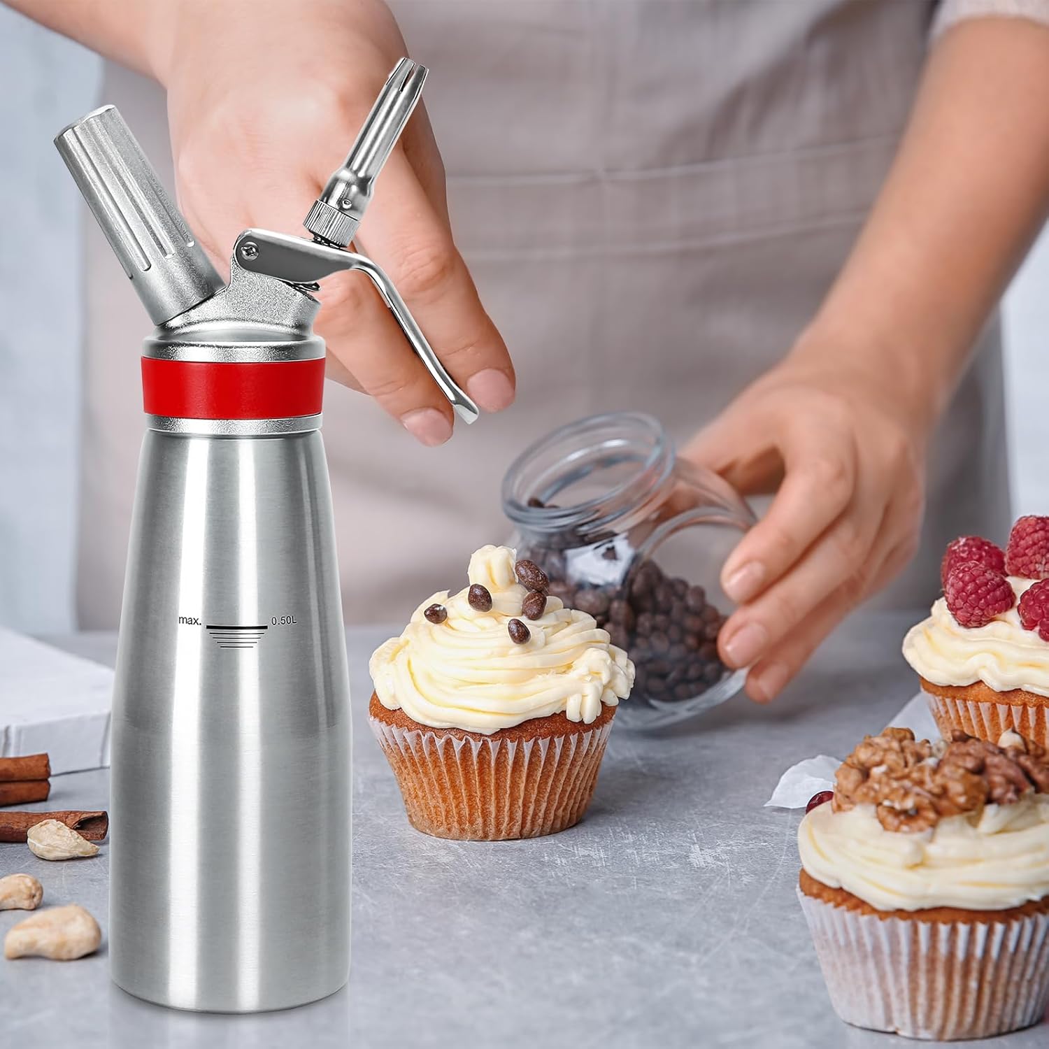 Whipped Cream Dispenser Professional Whip Cream Canister Whipped Cream Maker with 3 Decorating Stainless Nozzles - N2o Chargers (Not Included) (Aluminum)