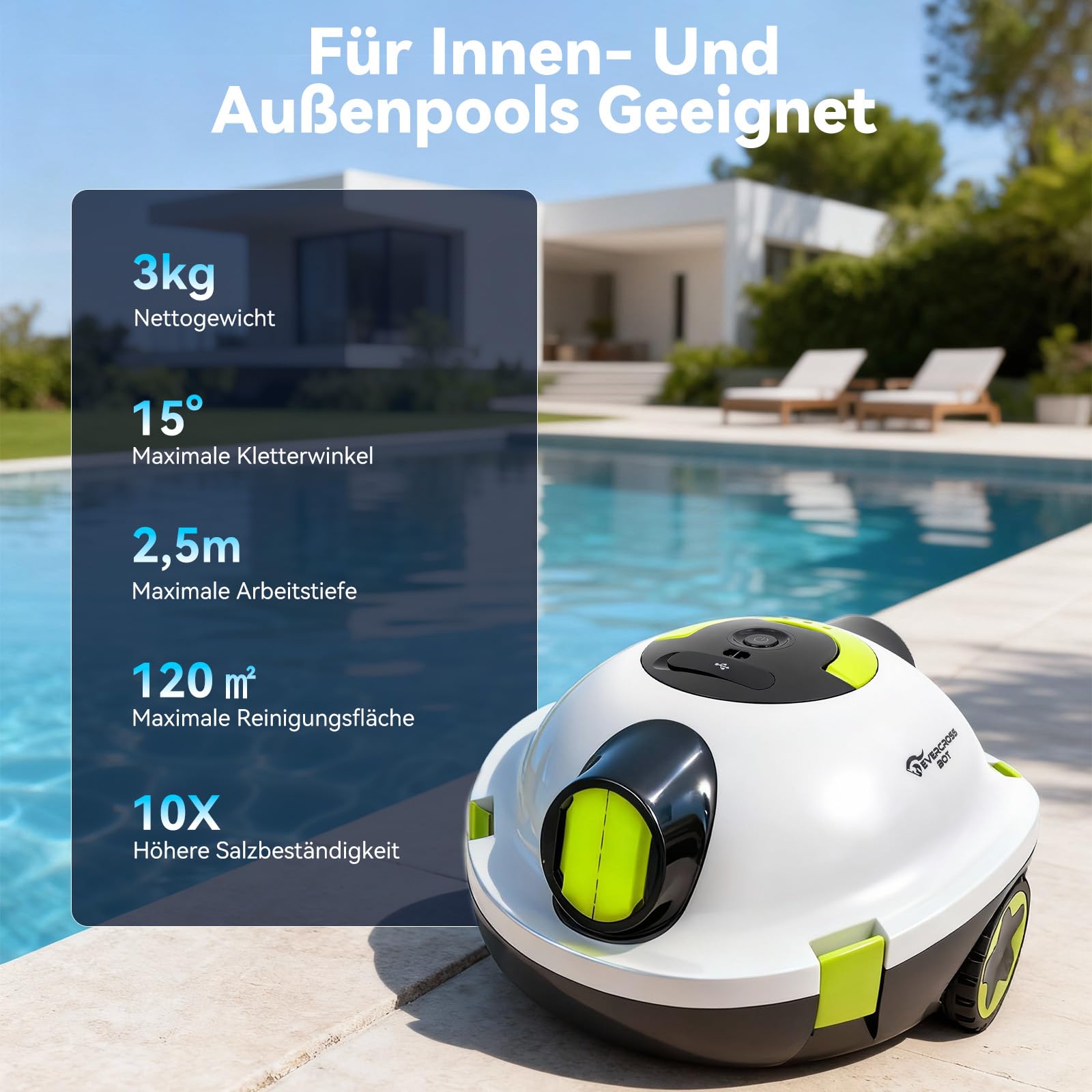 Y10 Poolroboter, Poolroboter Akku für die Bodenreinigung, 100 Min Batterielaufzeit, für Pools bis zu 120㎡, Automatische Poolsauger mit Selbsteinparkfunktion 180 μm Filter (Weiß)