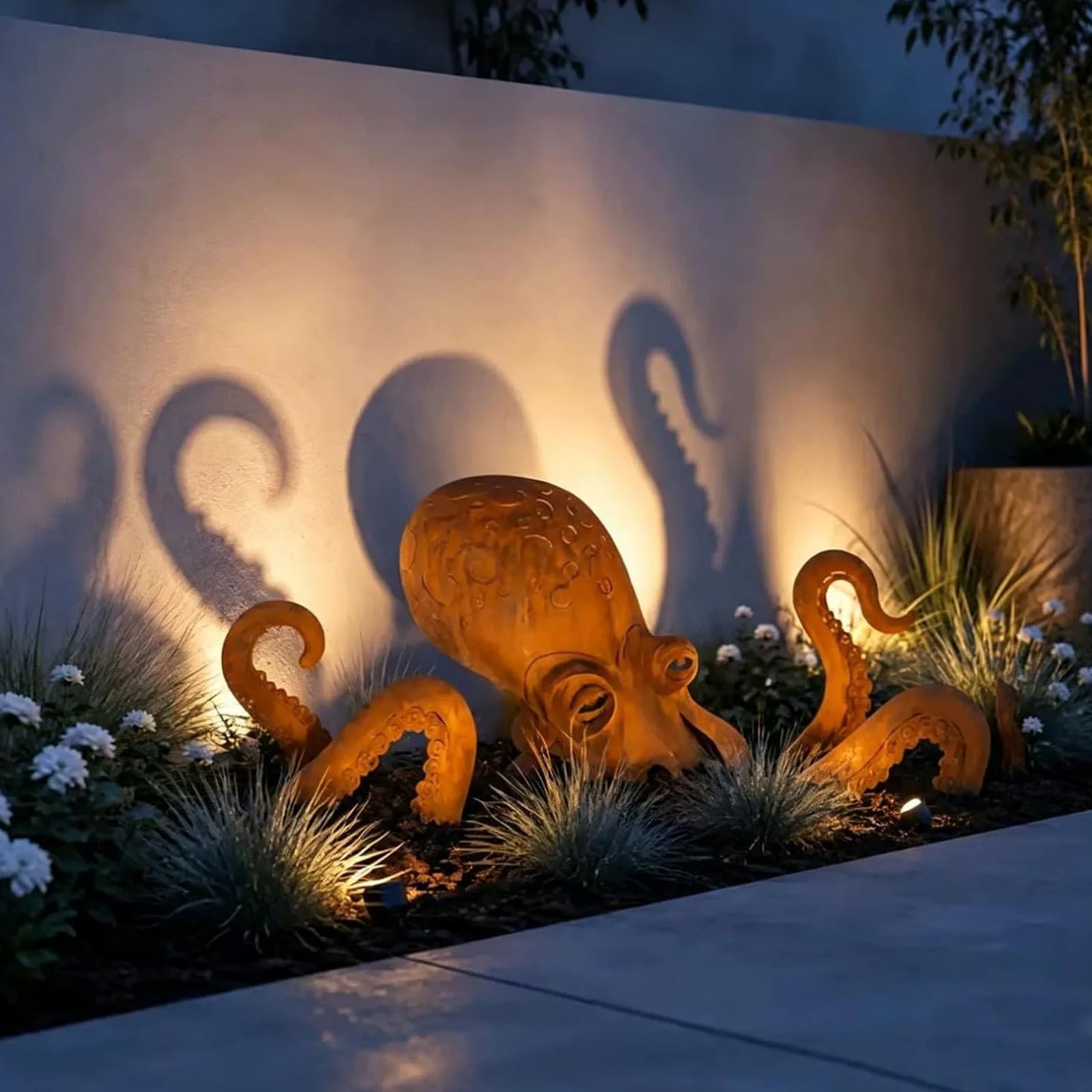QUNZIDRESS Rust Patina Giant Squid Garden Sculpture, Steel Octopus Yard Art Stake for Outdoor Lawn, Patio, and Beach House Decor, Coastal Marine Animal Lawn, Backyard, Home, Beach Themed Ornament