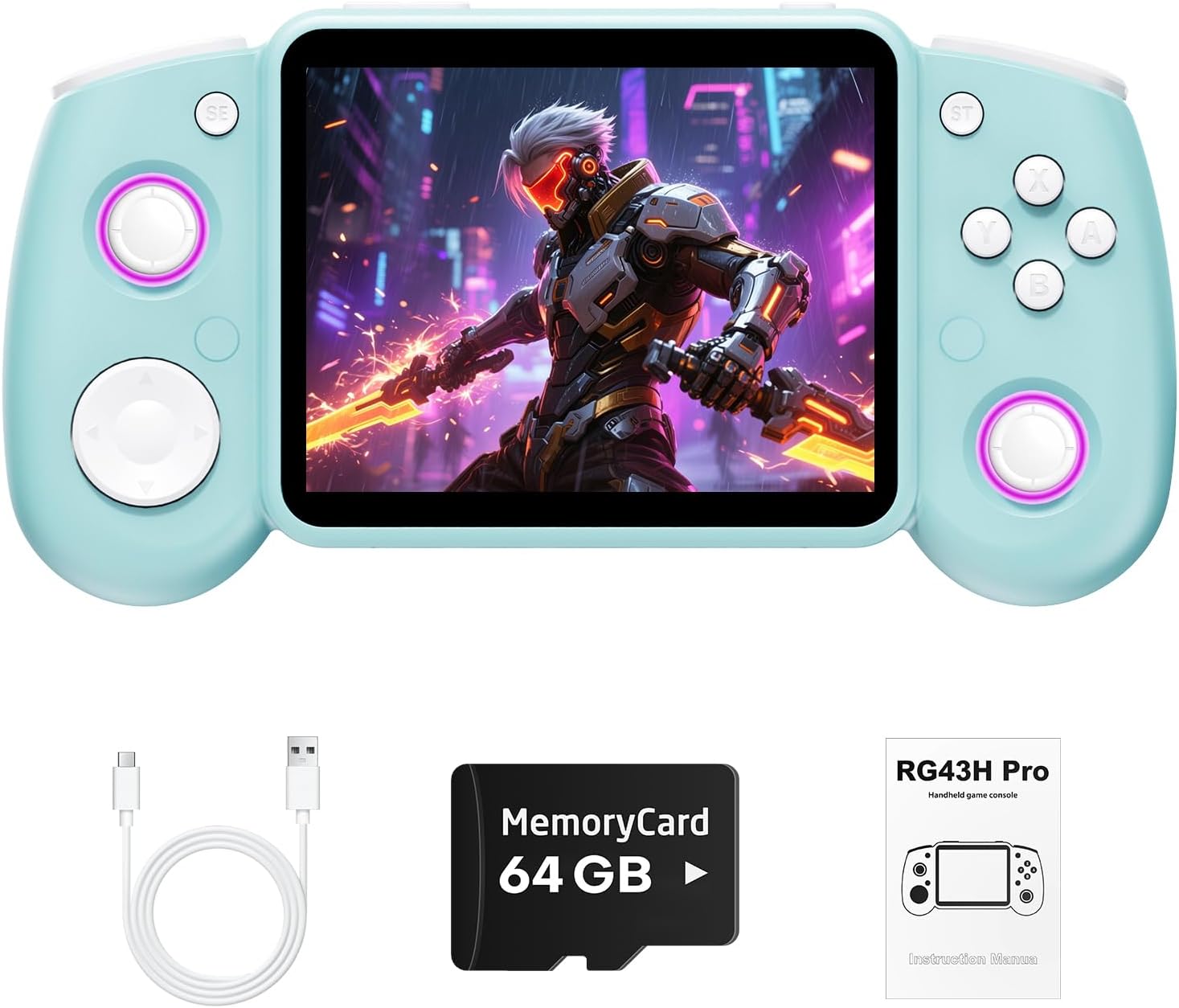 RG43H Pro Retro Handheld Game Console,Dual Game System with Powerful RK3562 Chip,4.3 Inch IPS Screen Retro Gaming Console,30+Emulators,Vibration Motor,HDMI TV Output,4000mAh Battery-64GB Light Blue