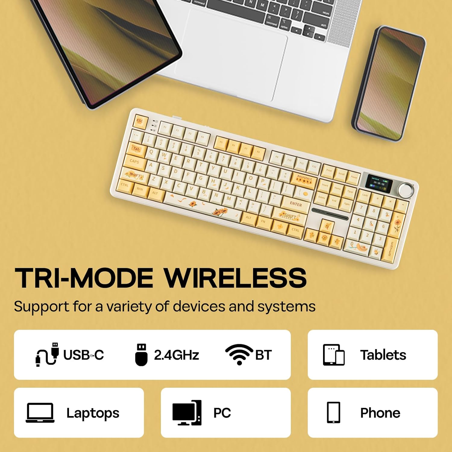 EPOMAKER X Aula F108 PRO Wireless Gaming Keyboard with Screen, 8000mAh Battery, 104 Hot-Swappable and Programmable Keys and Knob, RGB Backlight, for Mac/PC/Android (Grey&Yellow) - Image 7