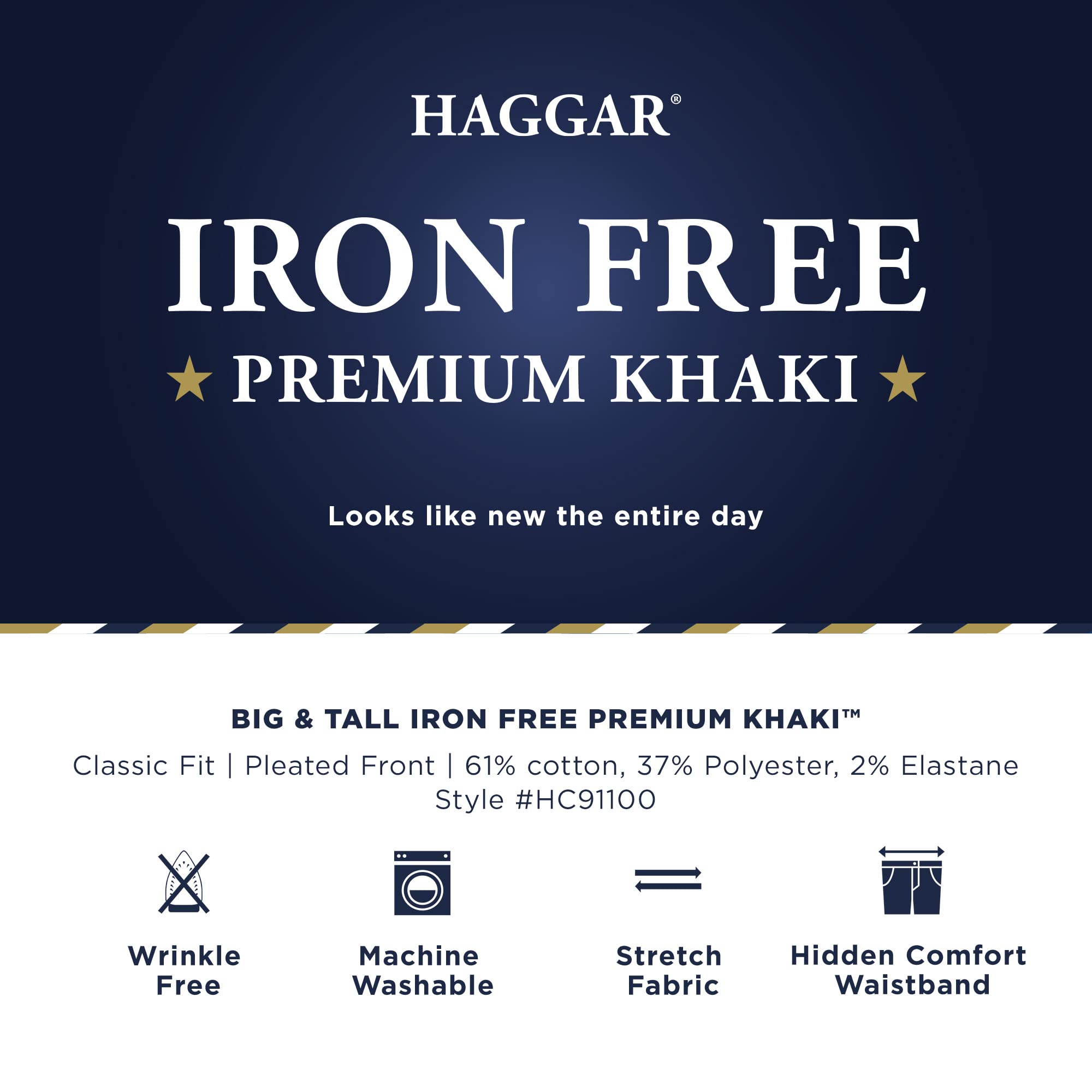 Haggar Herrenhose, bügelfrei, Premium-Khaki, Klassische Passform, ohne Bundfalten, Dehnbund, Freizeithose, (Normale und große Größen)