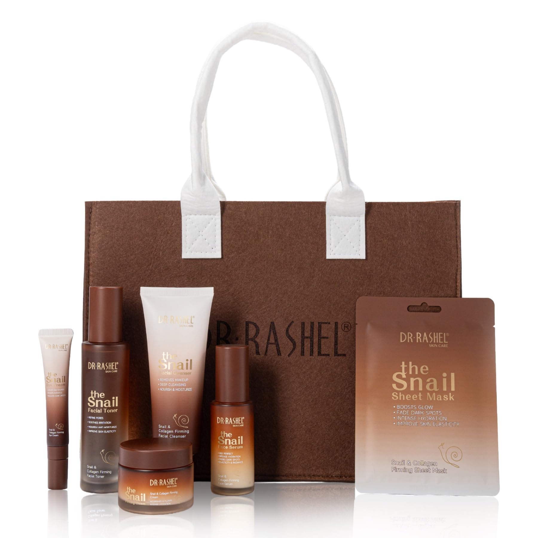 Gesichtspflege Set mit Snail Mucin & Kollagen - Schneckenschleim Gesicht Serum, Augenserum, Tages & Nachtcreme, 10x Tuchmaske, Gesichtsreinigung, Toner, Sonnencreme SPF 50 - Anti-Aging, glatte Haut
