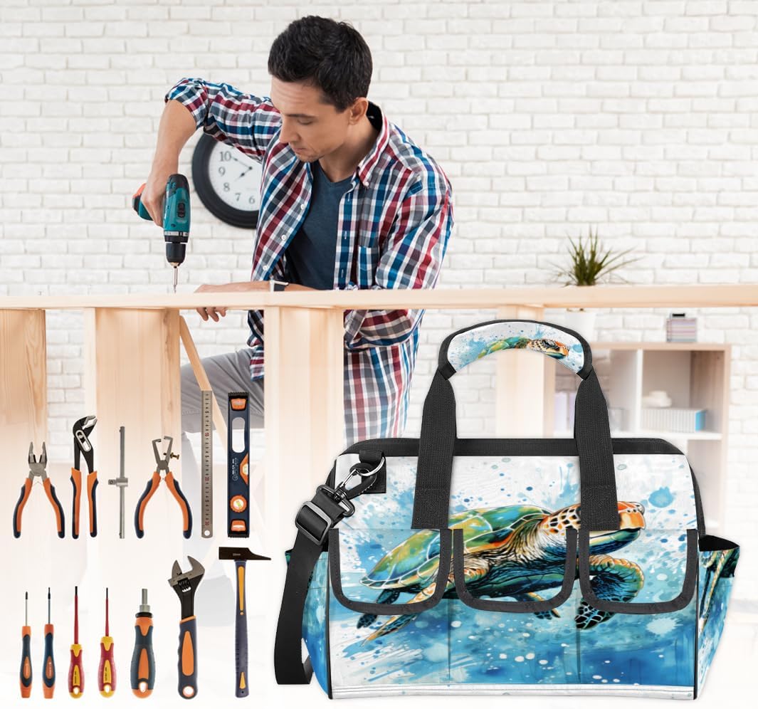Funny Turtles Tool Bags for Men Women Multi-Pockets Wide Mouth Tool Organizer Storage Tote Bag Waterproof Stroage Bags with Adjustabe Shoulder Straper for Car Electrician Garden